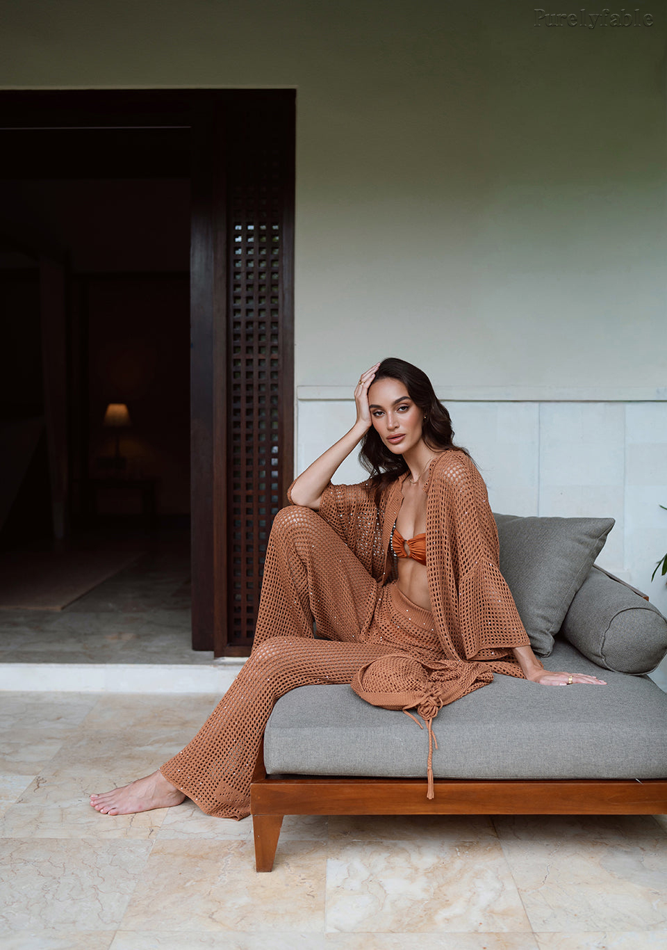 Emilia Brown Button-Down Long Pants Set
