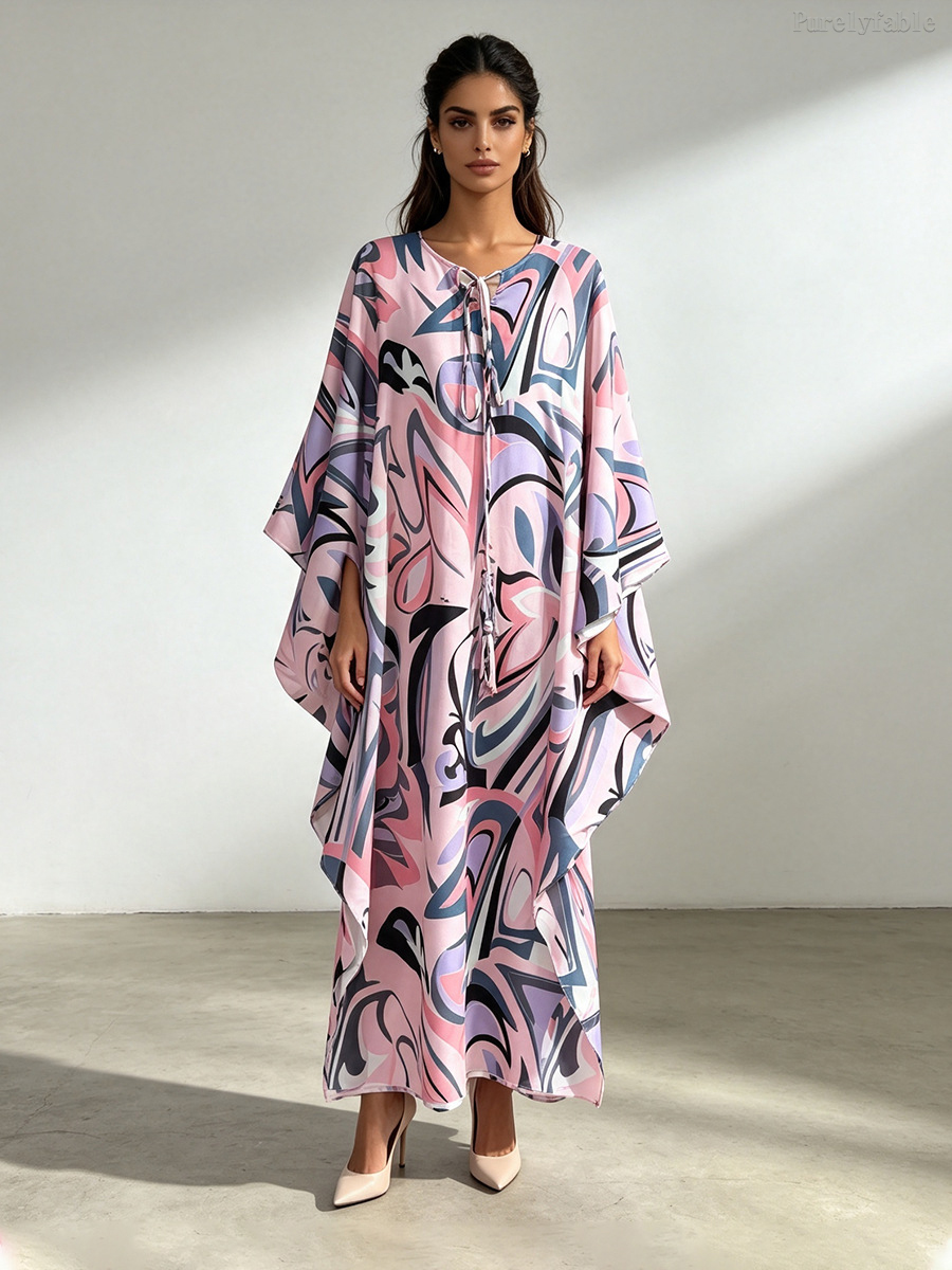 Rosalie Purple Loose-Knit Lace-Up Printed Long Dress
