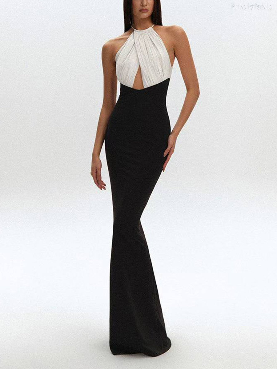 Valentina Black Collar-Fitted Halter-Style Long Dress