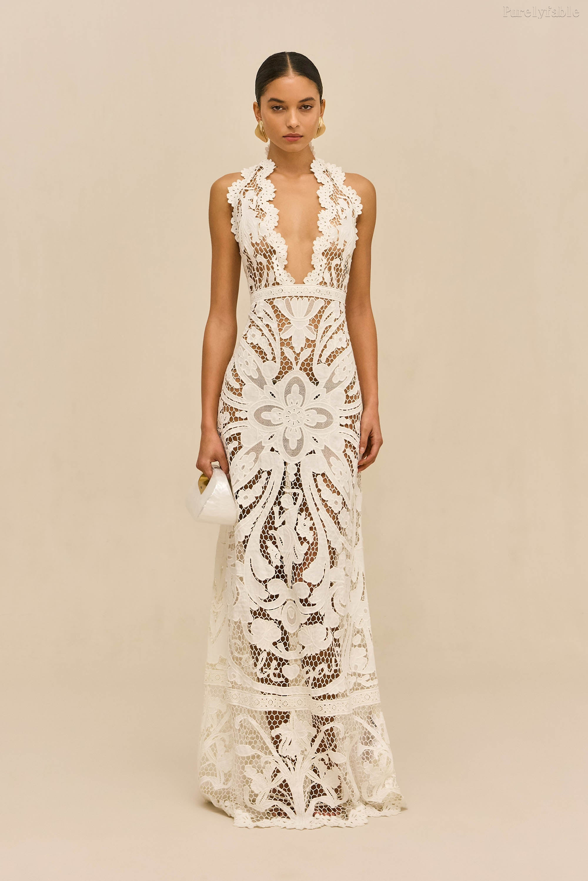Elara White V-neck Deep-V Sleeveless Long Dress