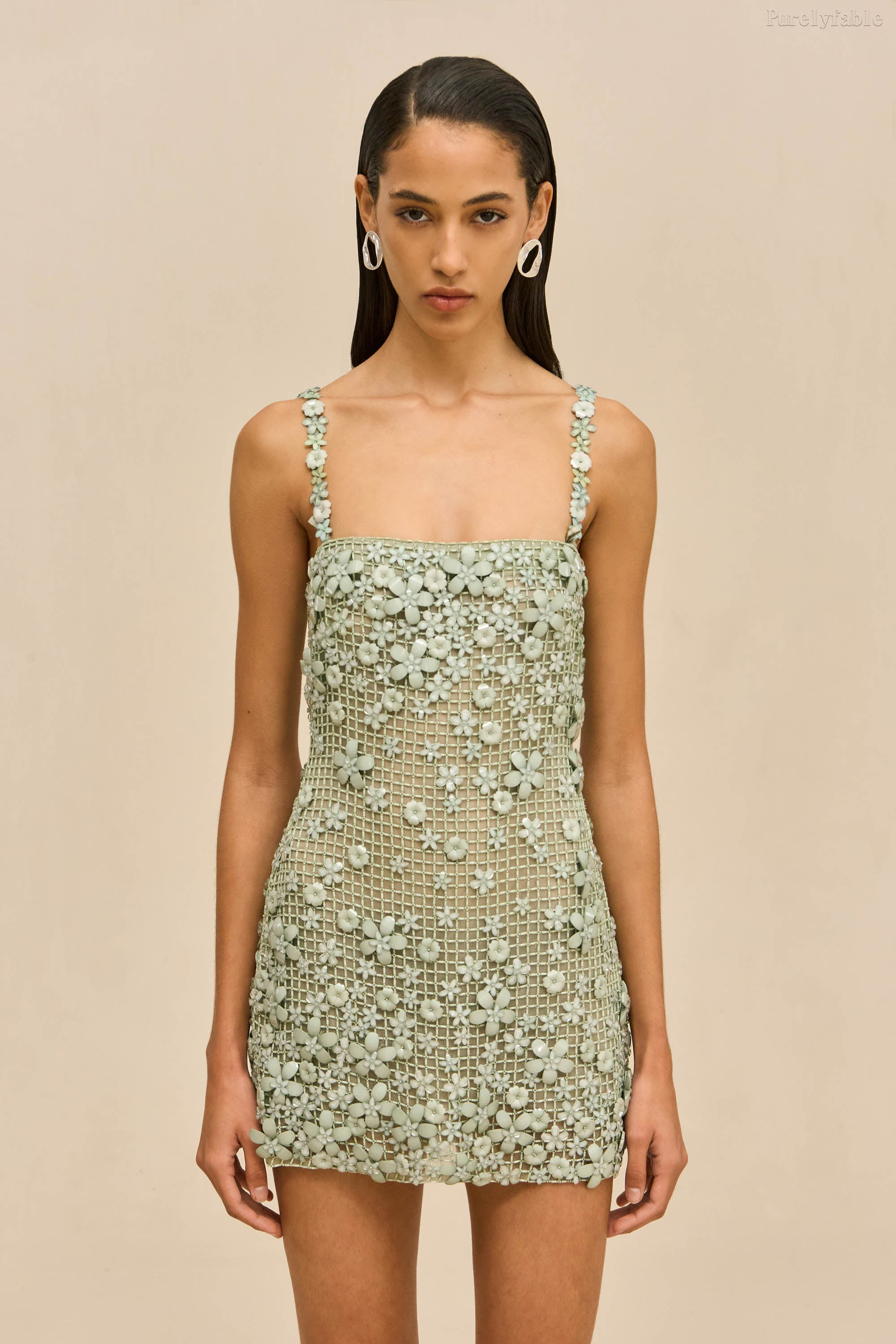 Evelina Green Square-neck Net Sash Short Dress