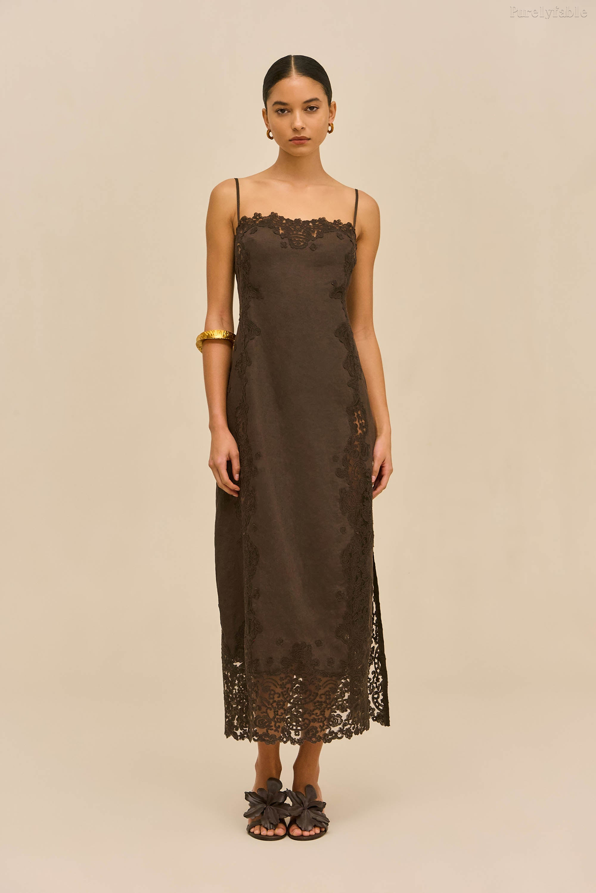 Elara Brown Color Round-Neck Strapless Long Dress