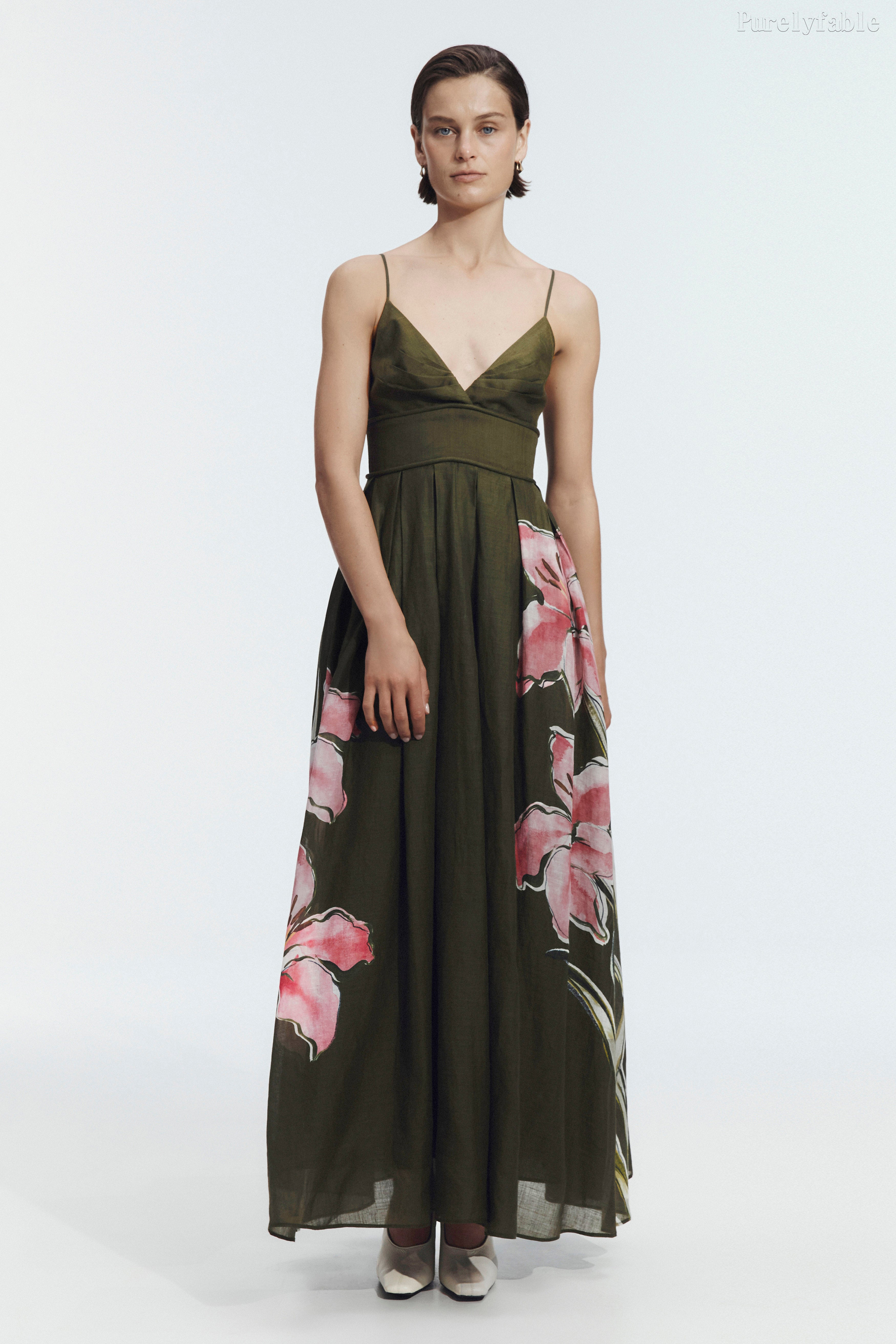 Giana Dark Green Deep V-Neck Long Dress With Thin Shoulder Straps