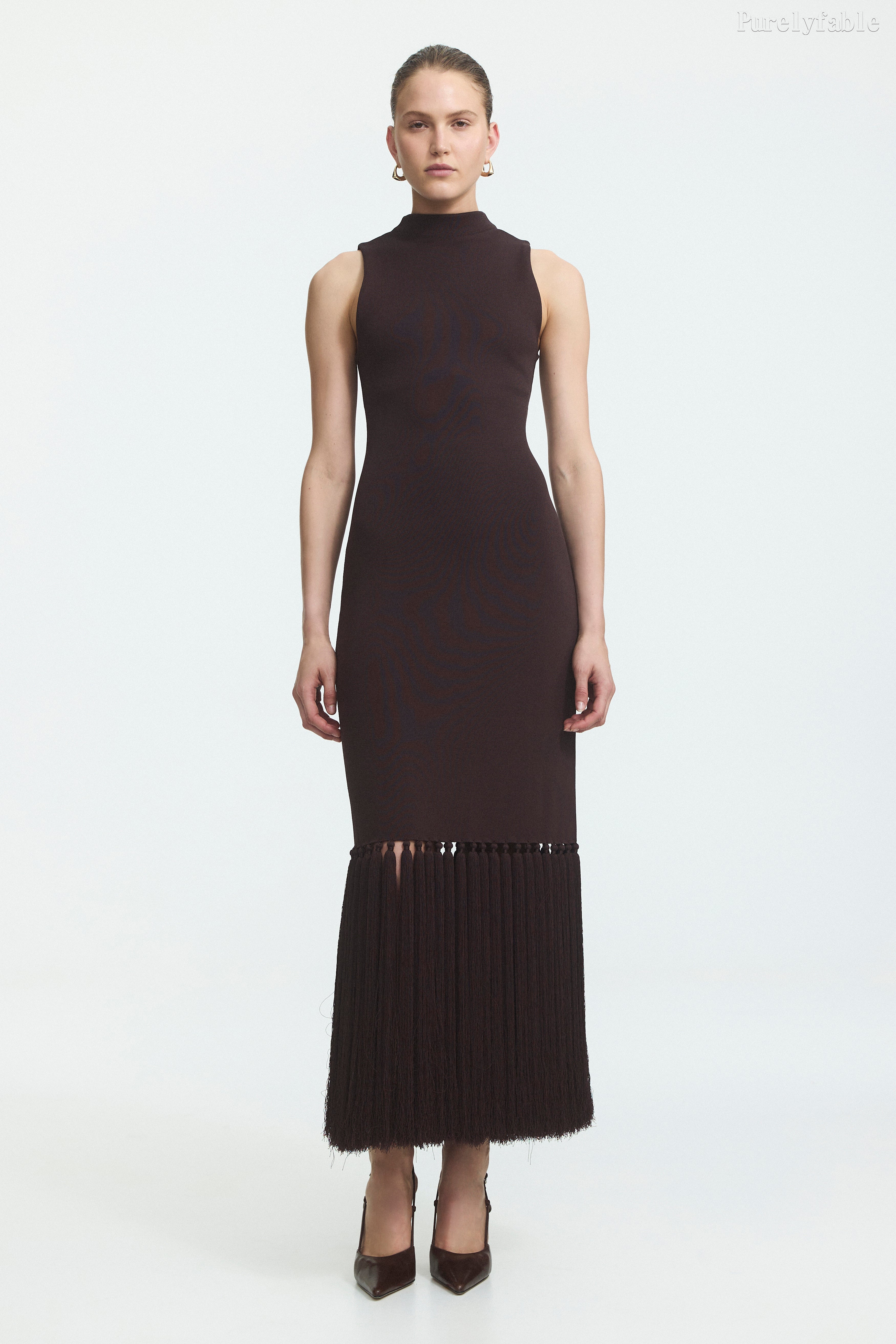 Hazel Brown Color Sleeveless Half-Neckline Mid-Length Evening Dress