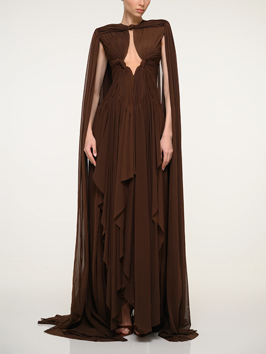 Helena Brown Draped Cape Dress