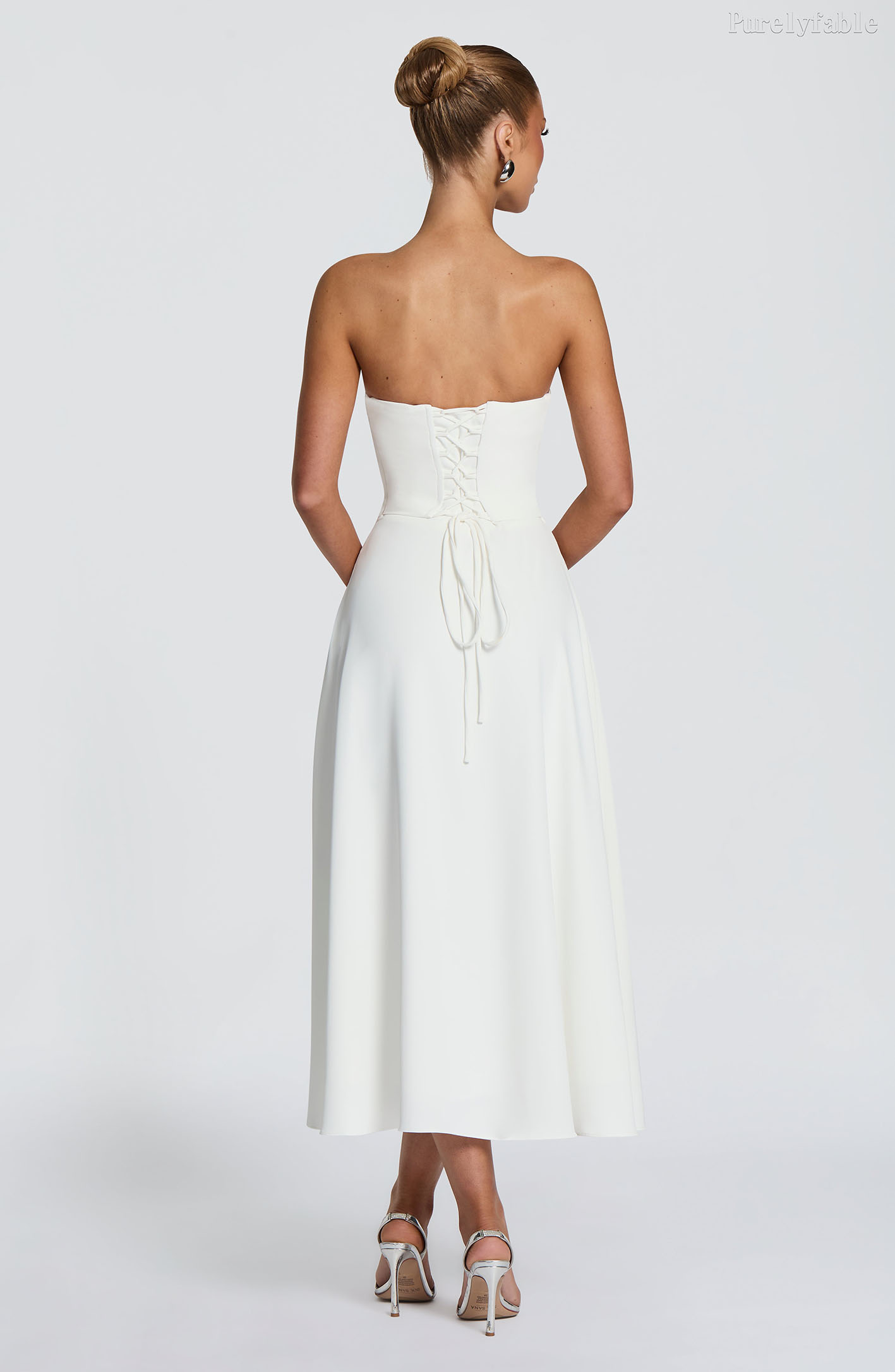 Rebecca White Strapless Swing Collar Midi Dress