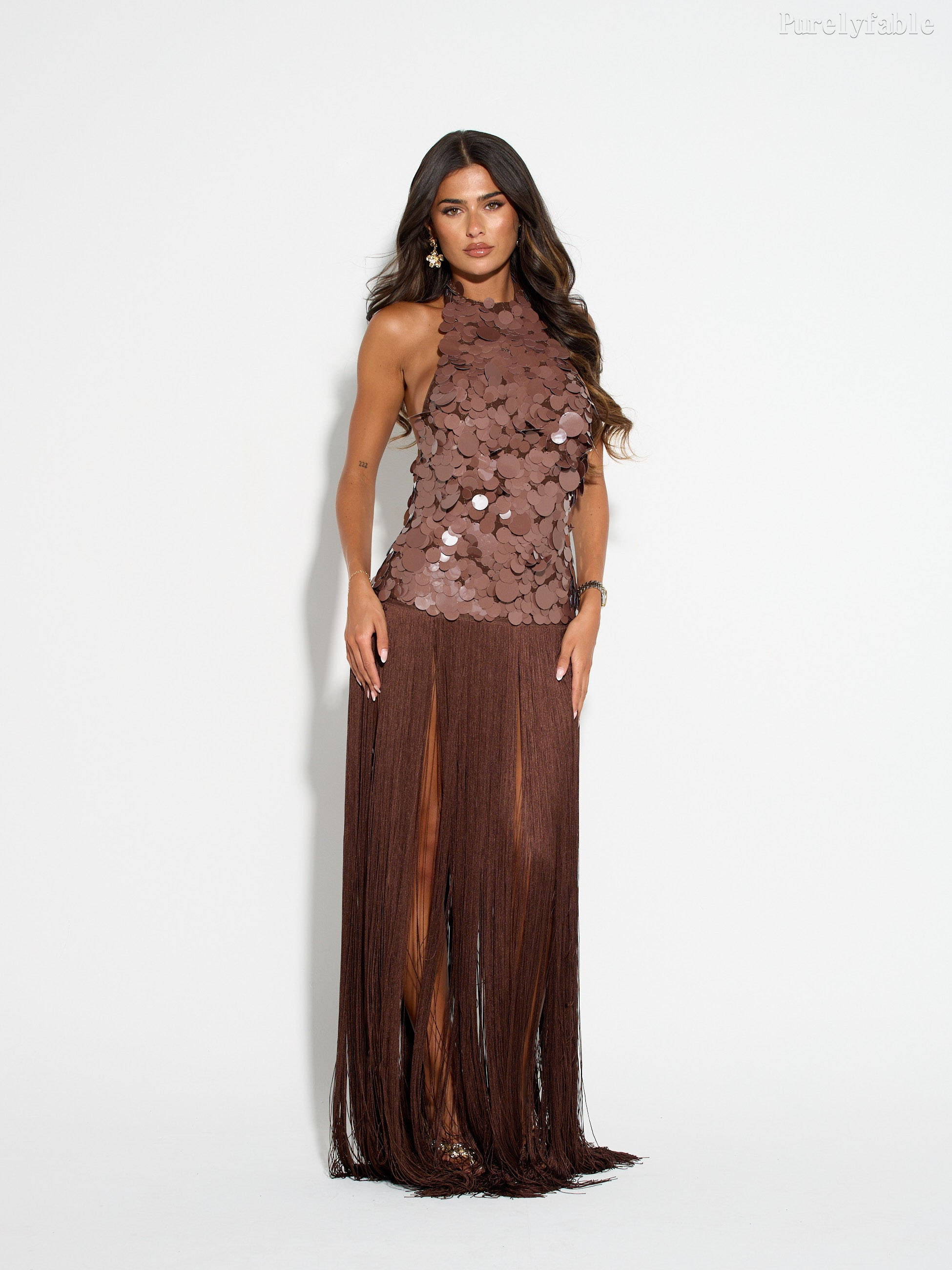 Angelina Deep Coffee Sleeveless Sequined Fringe Long Dress