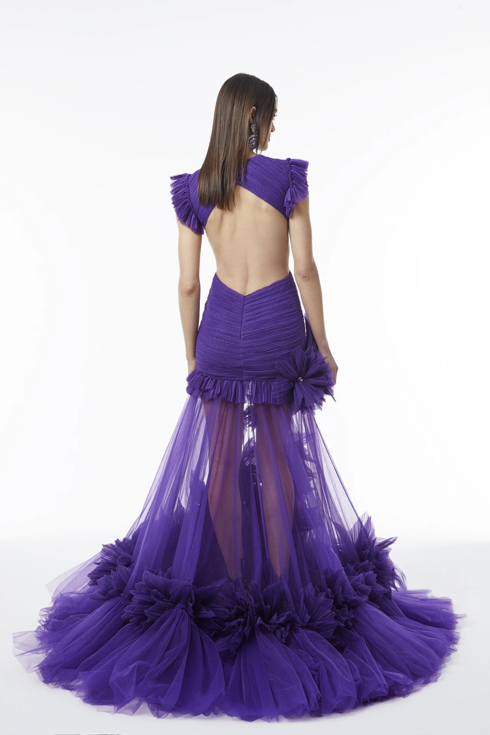 Coralie Purple Mesh 3D Floral Long Dress
