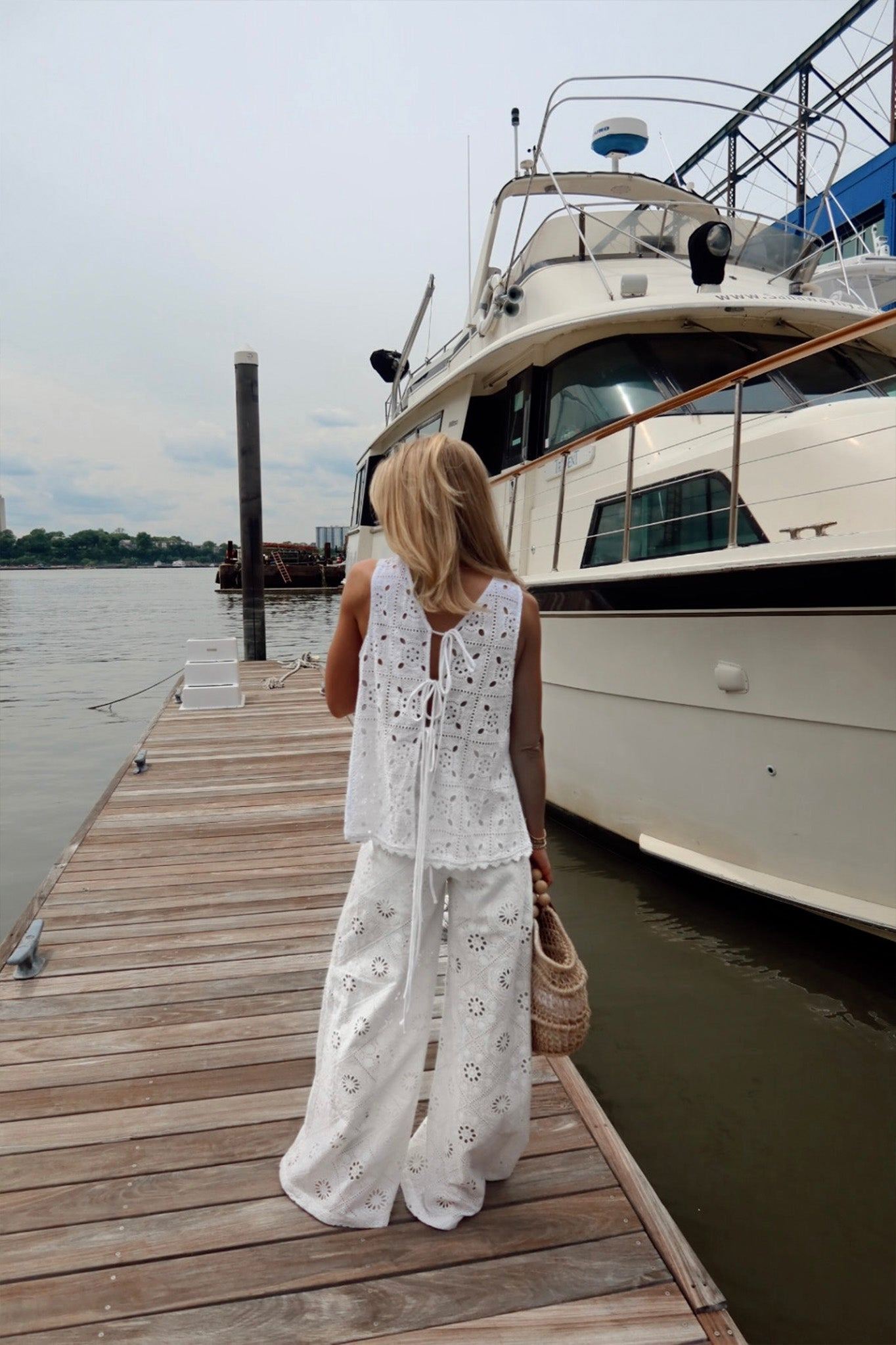 Antonella White Hollow-Out Wide-Leg Pantsuit