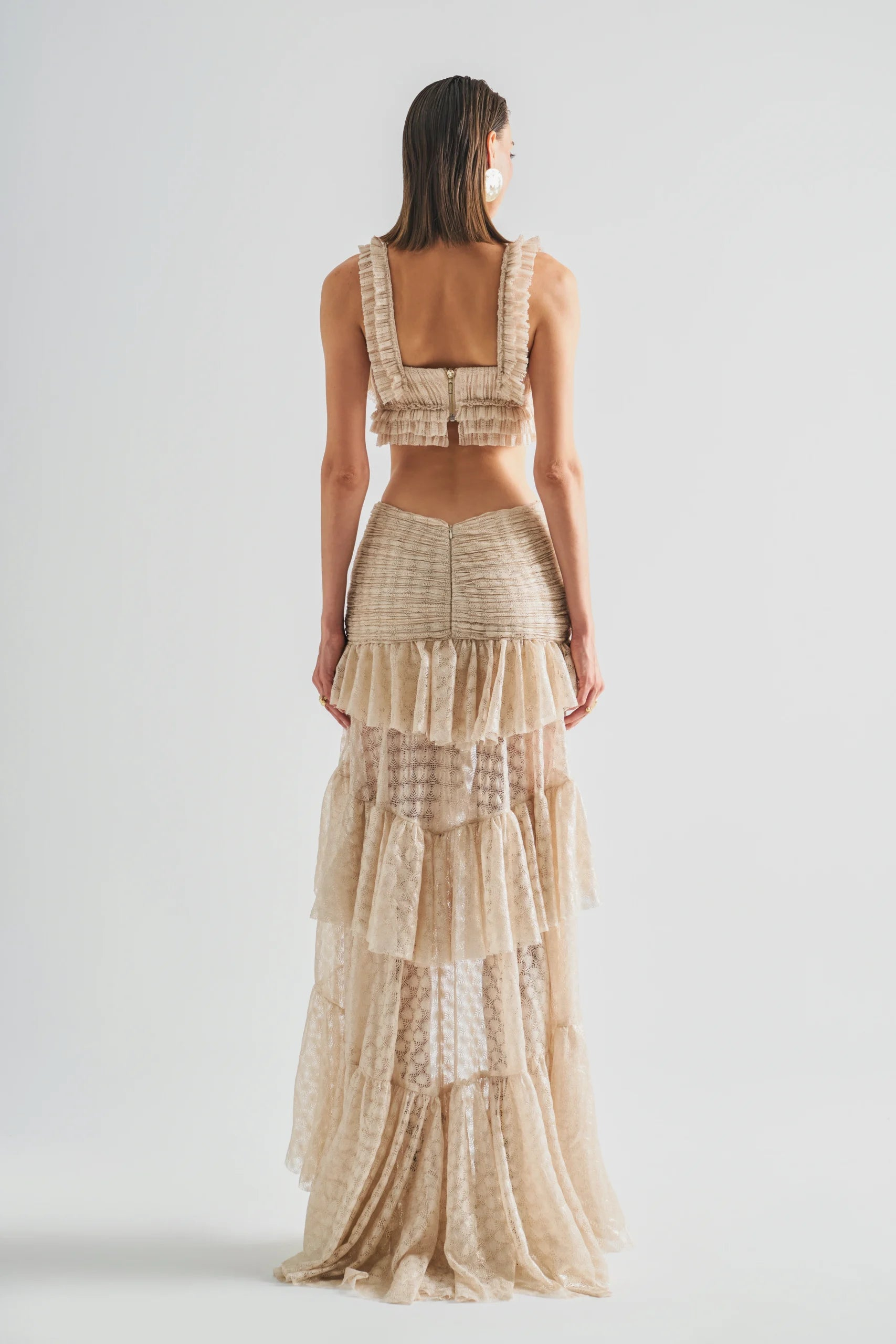 Charis Beige Lace Ruffled Dress Set