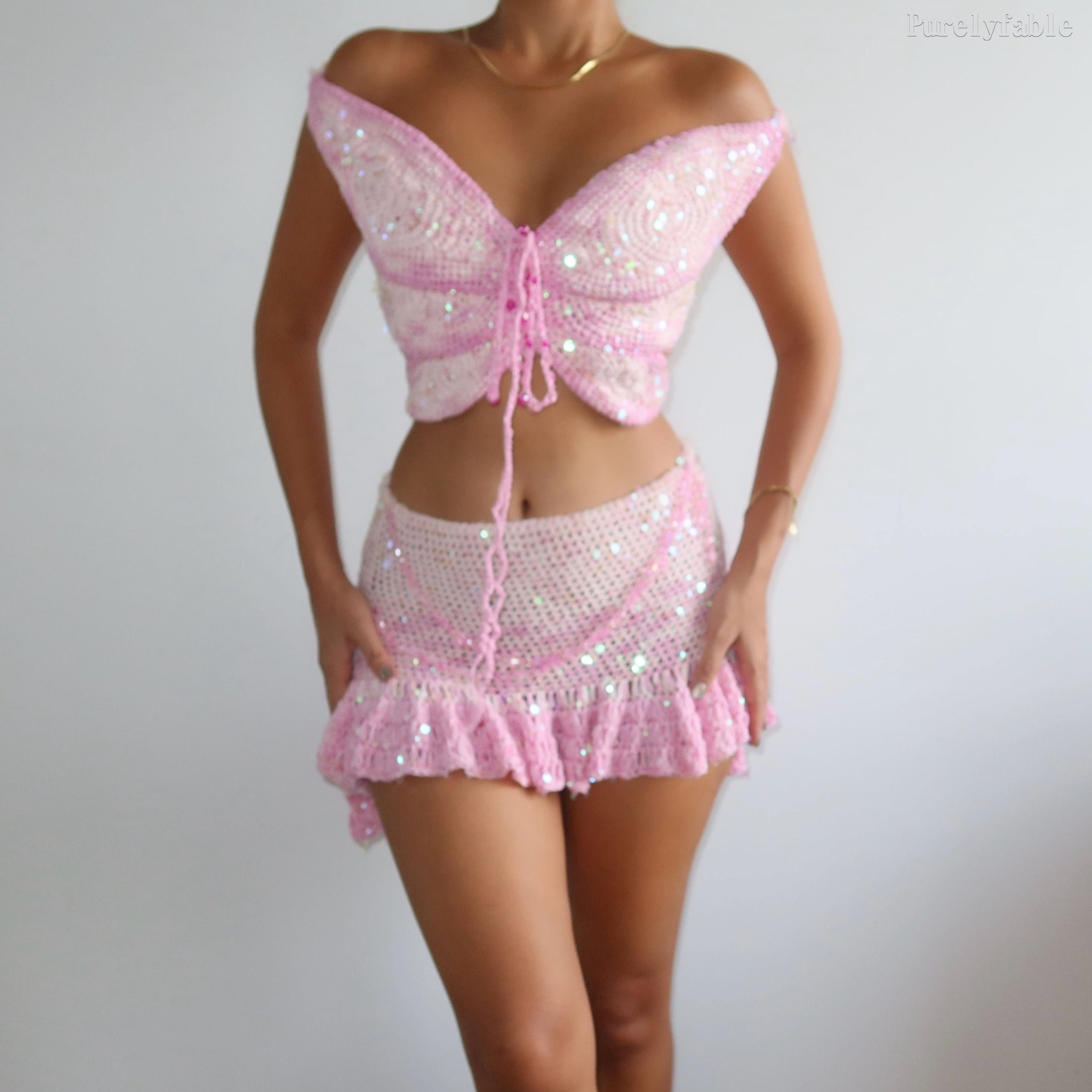 Gracelyn Pink Ombré Butterfly Mini Skirt Set