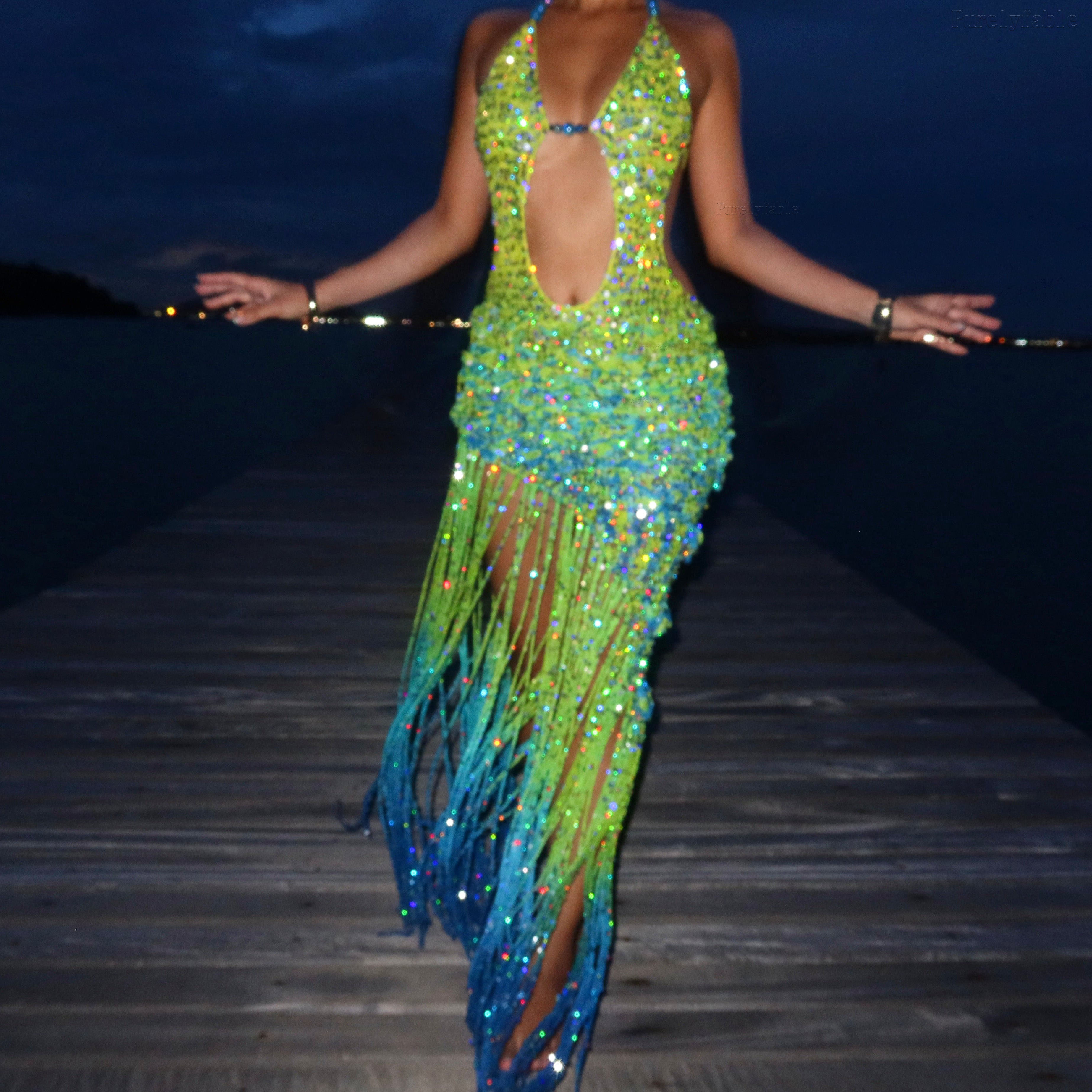 Abrielle Colorful Backless Cutout Fringe Sequin Maxi Dress