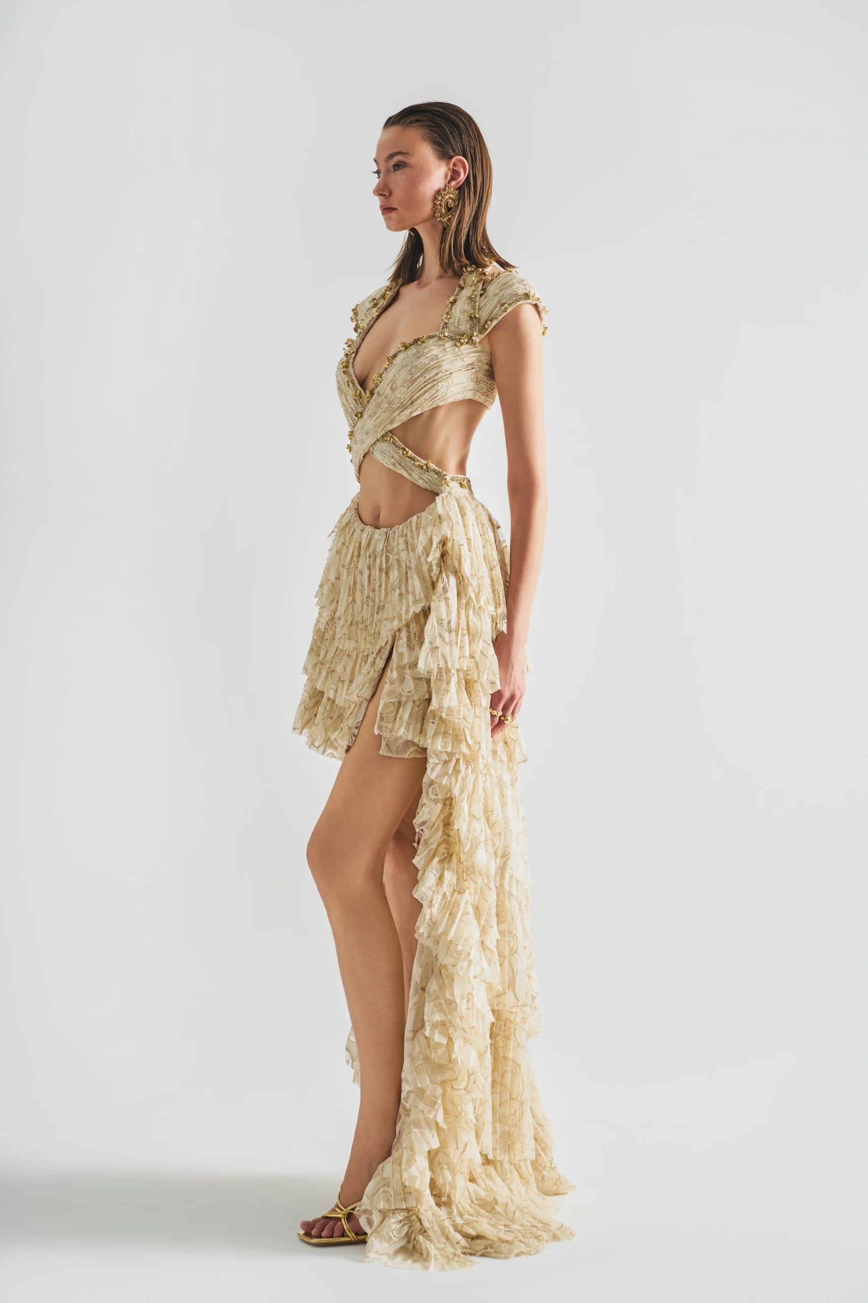 Charis Beige Openwork Layered Skirt