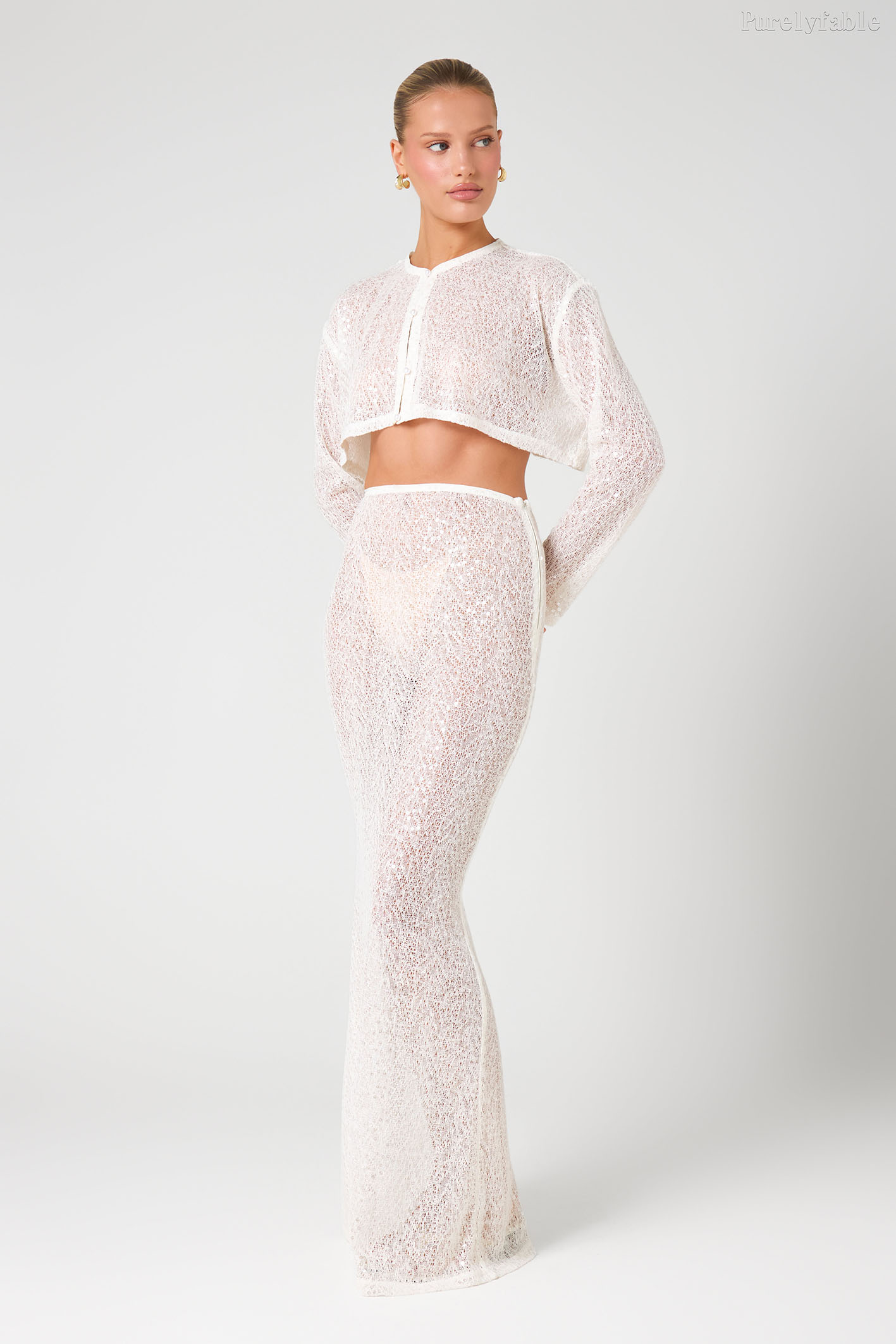 Catalina White Hollow Knitted Half Skirt Two Piece Set