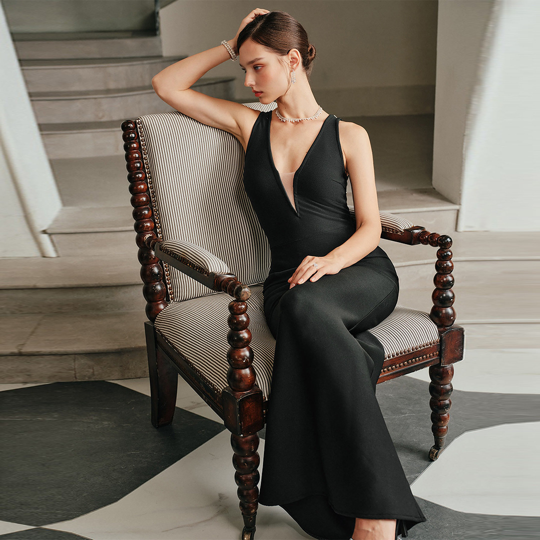 Delia Black Back-Fringed Long Dress