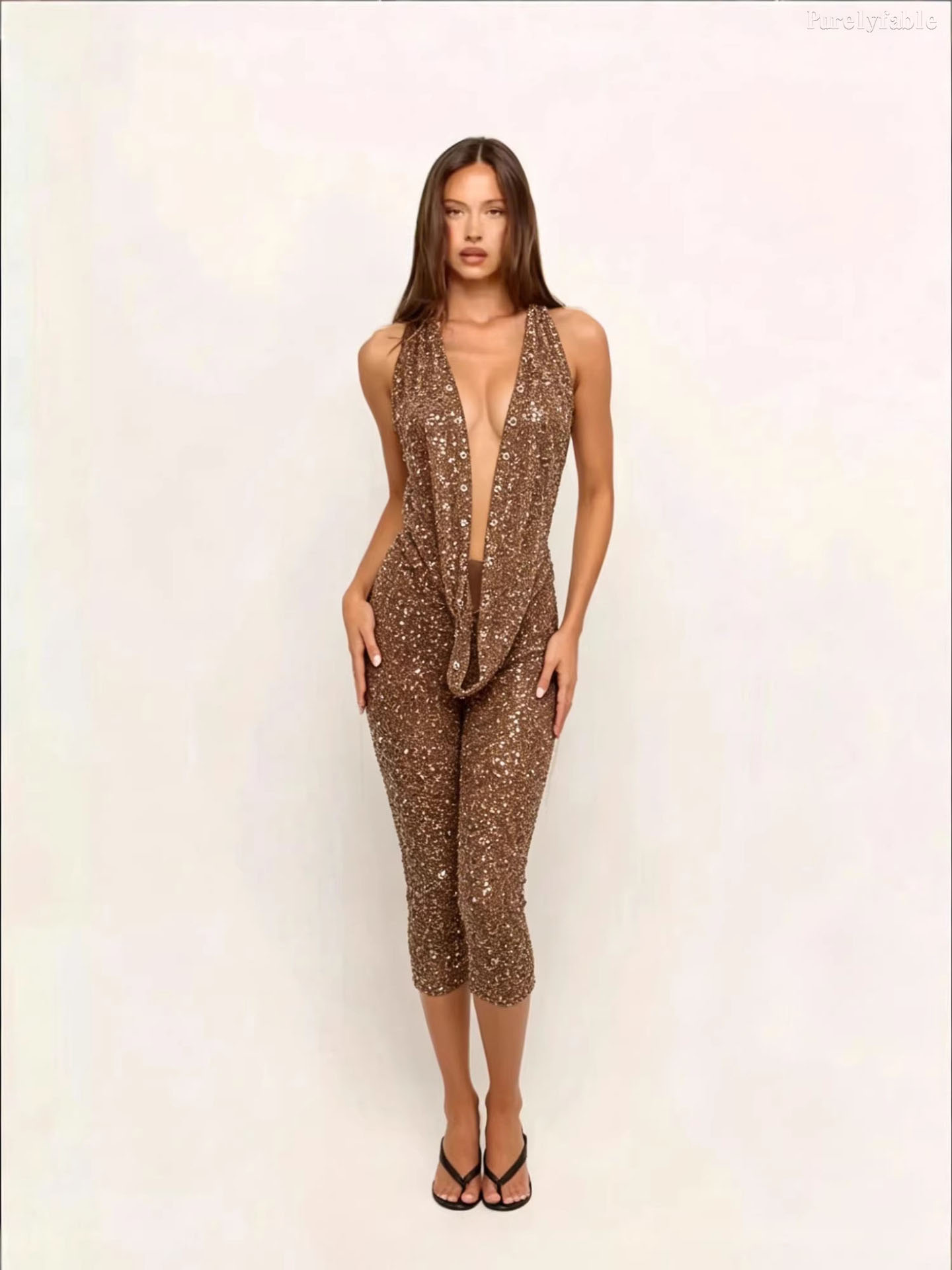 Amelie Brown Backless Top And Cropped Pants Set
