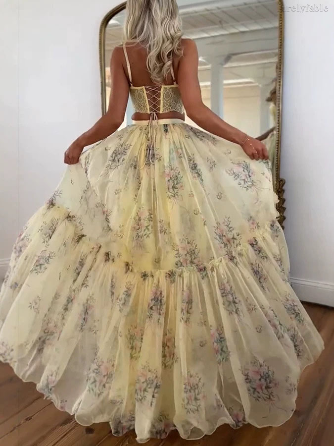 Aurora Apricot Chiffon Printed Half Skirt Two Piece Set