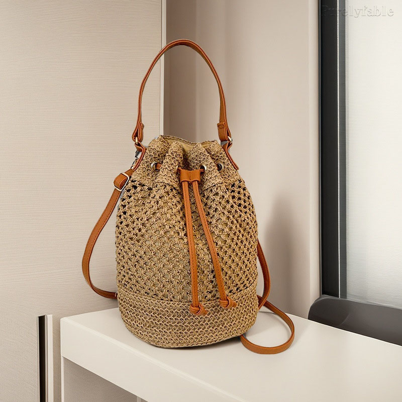 Brown Grass Woven Bucket Bag