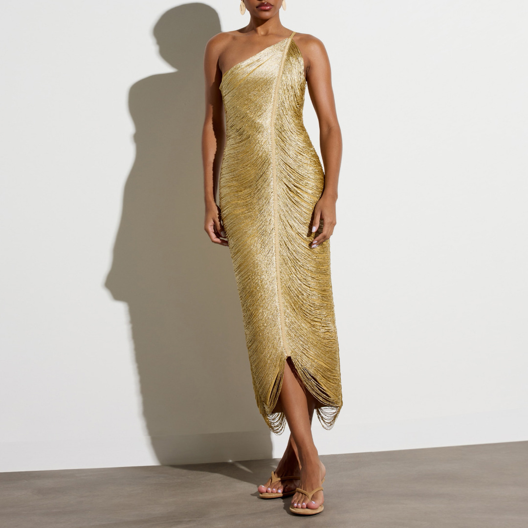 Arielle Gold One-Shoulder Tassel Dress