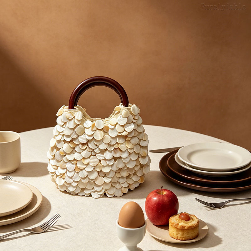 Beige Wooden Handle HndBag