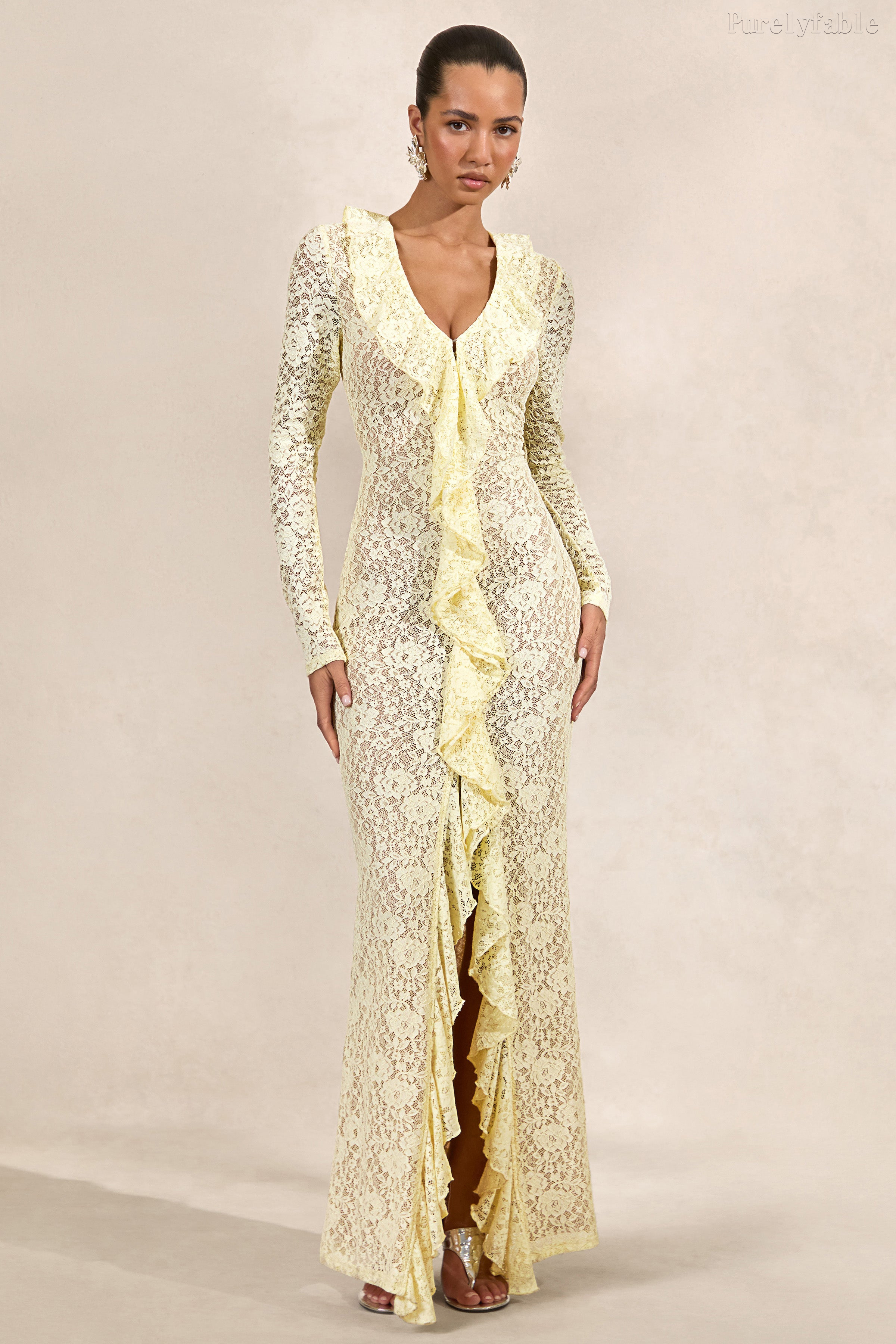 Vivianna Yellow Deep V-Neck Belled Long Dress