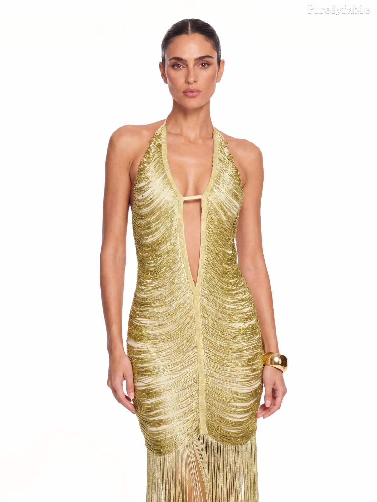 Calliope Golden Deep V Fringed Fitted Long Dress