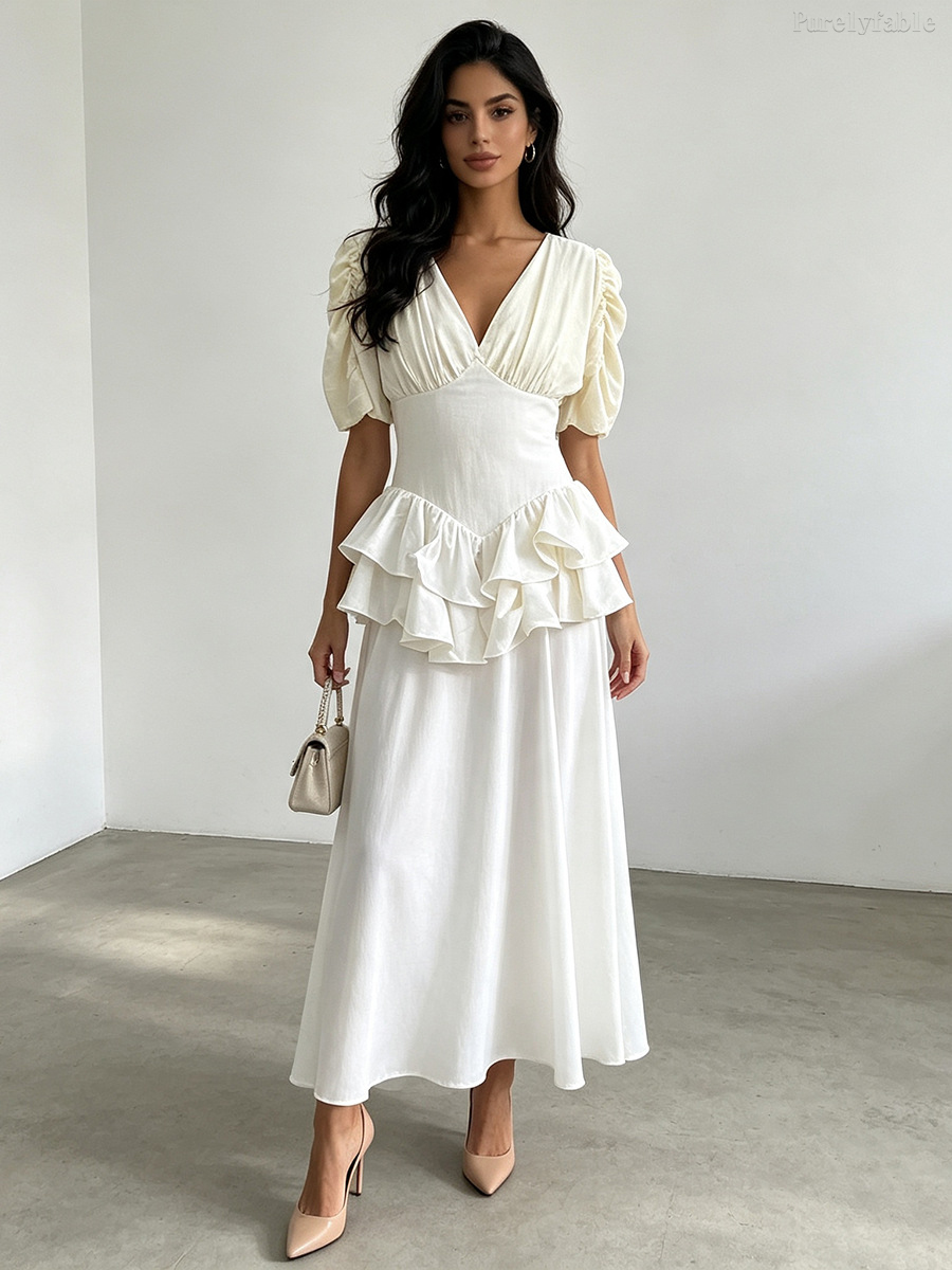 Camilla  Orange Ruffle V-Neck Puff Sleeve Dress