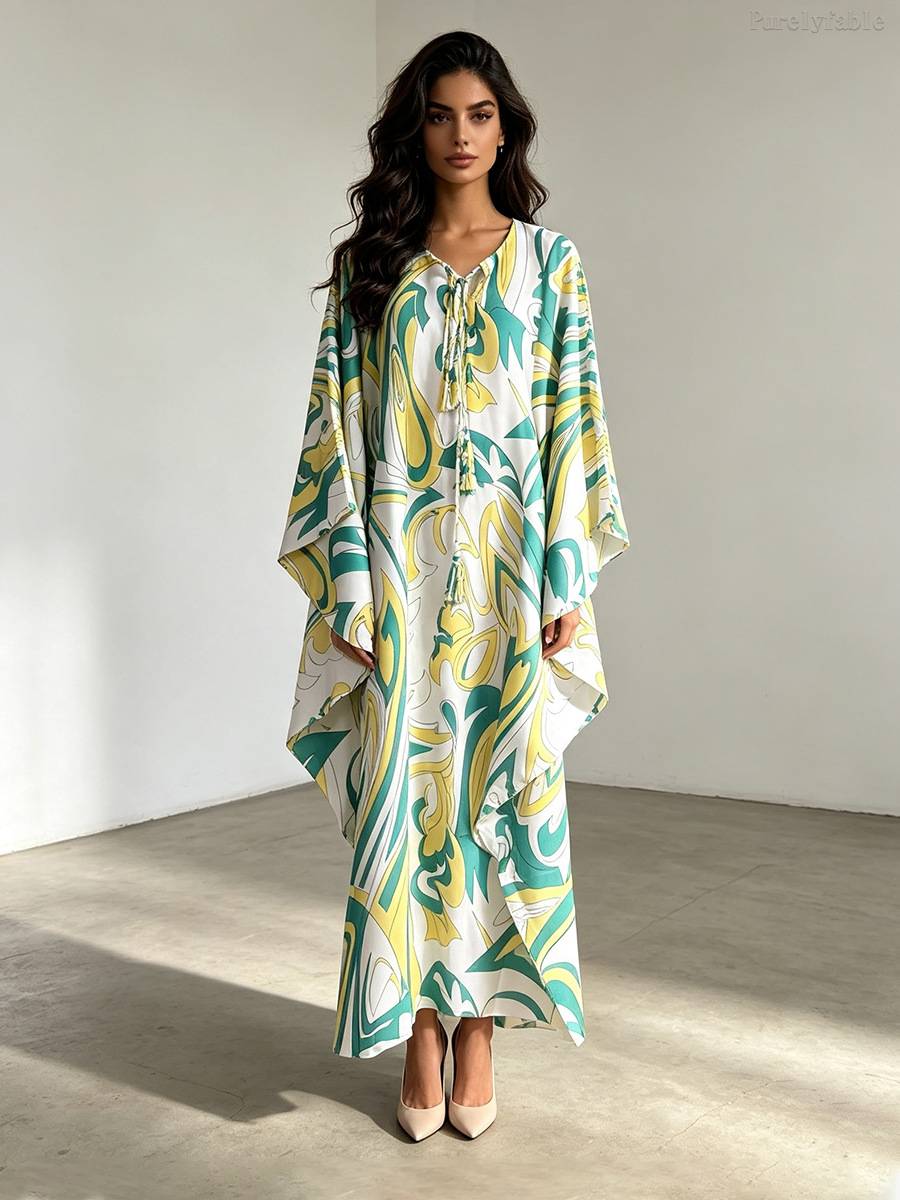 Rosalie Purple Loose-Knit Lace-Up Printed Long Dress