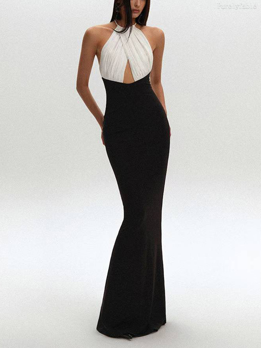 Valentina Black Collar-Fitted Halter-Style Long Dress