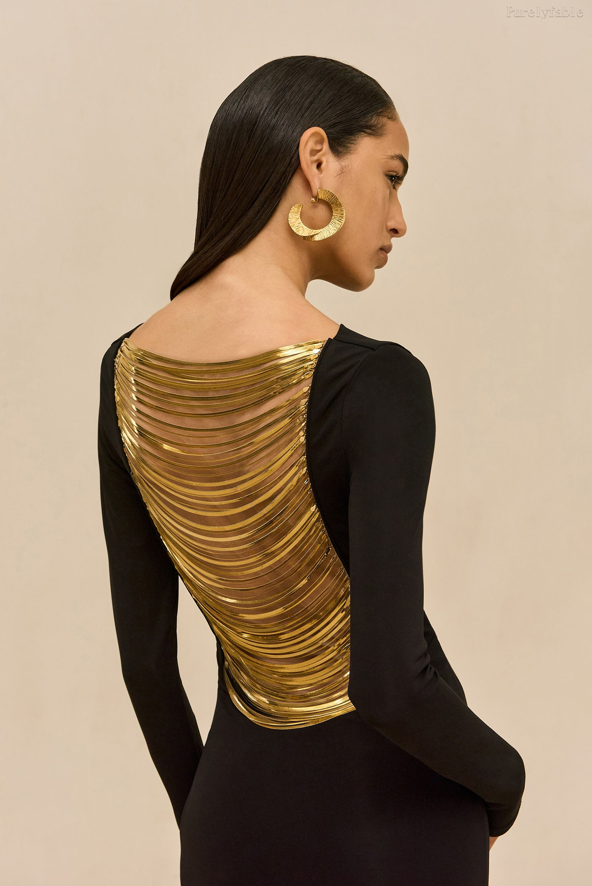 Delphine Black Long-Sleeved Backless Long Dress