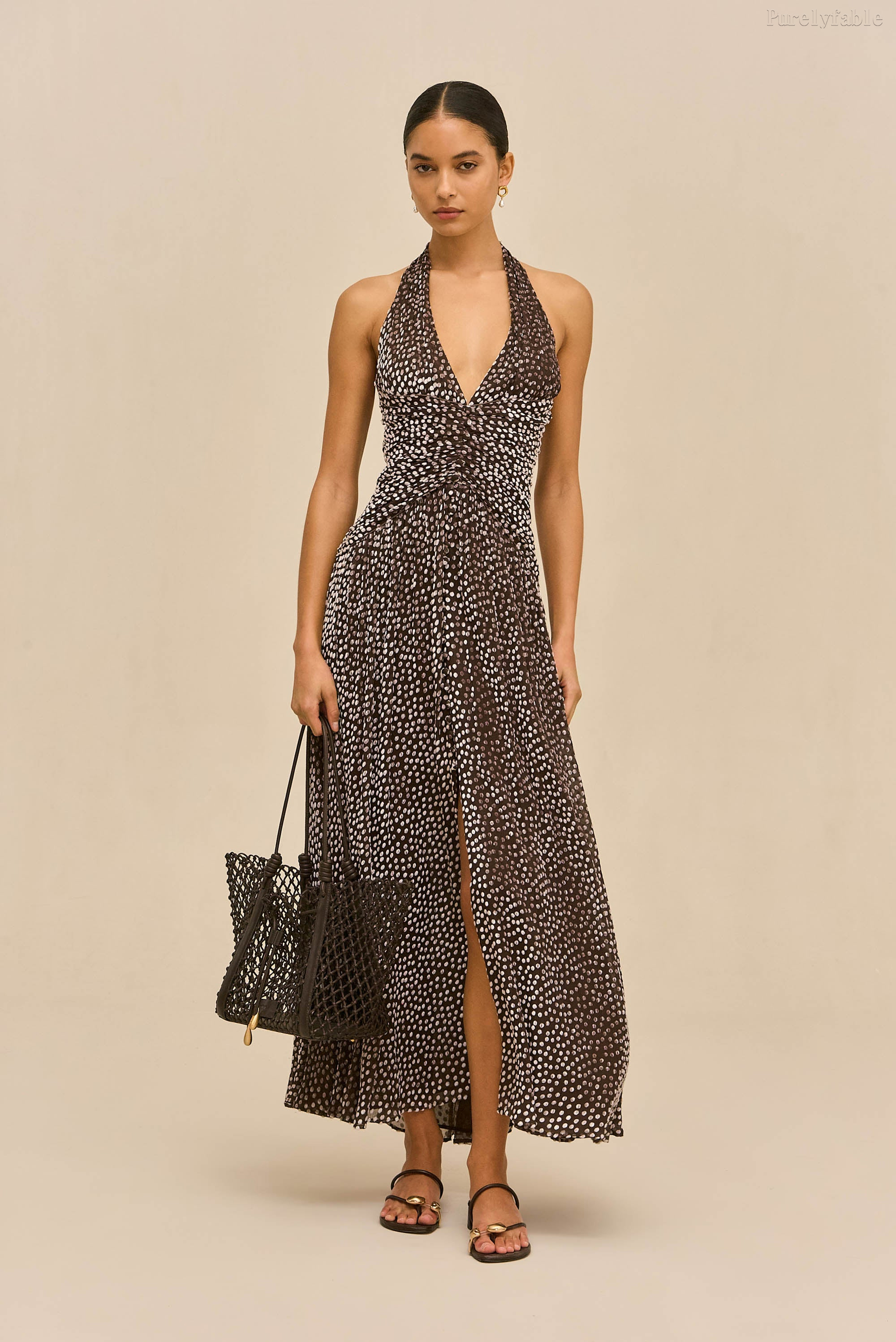 Eden Brown Color V-Neck Sequined Slit Long Dress