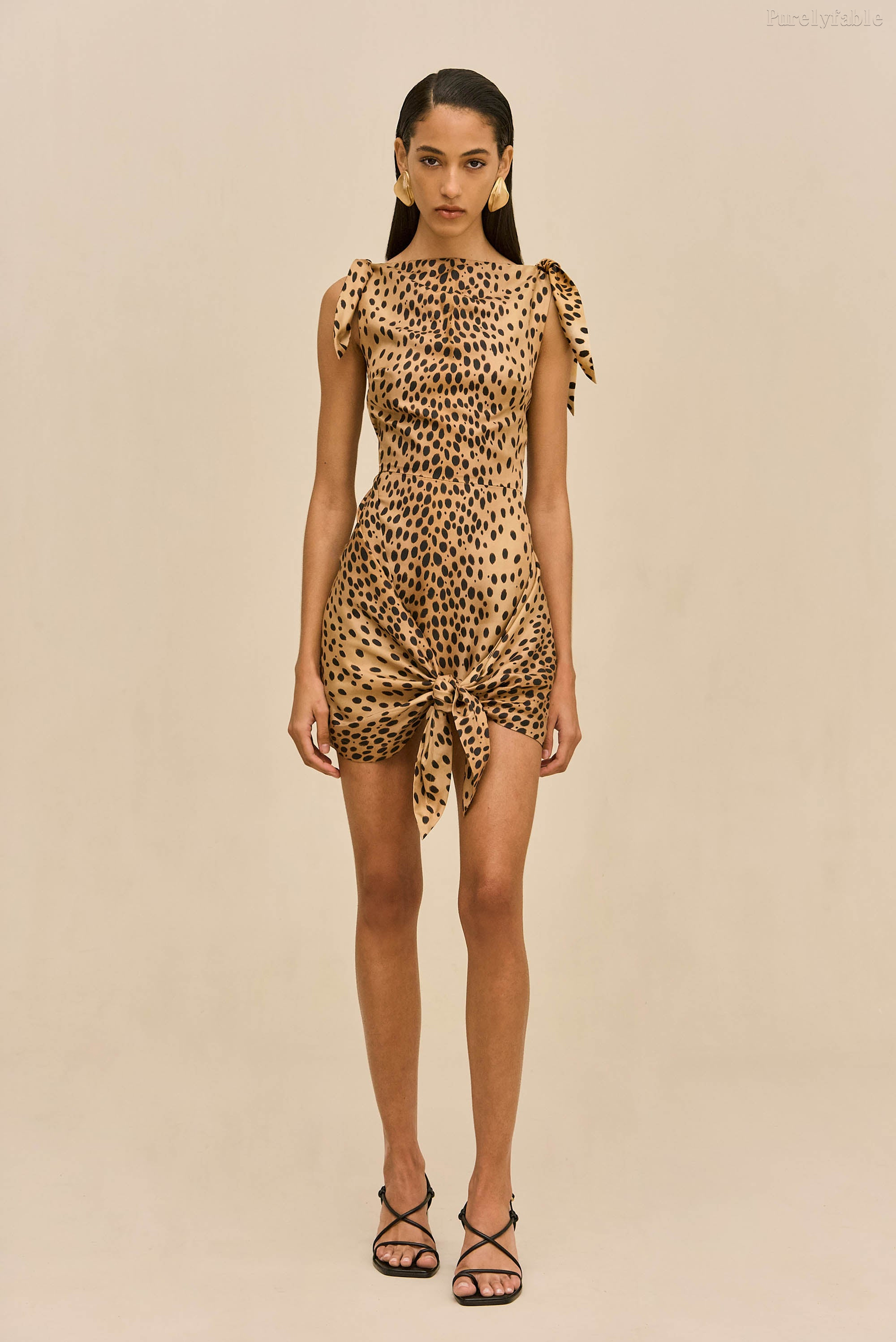 Elara khaki Shoulder-Belt Leopard Print Short Dress