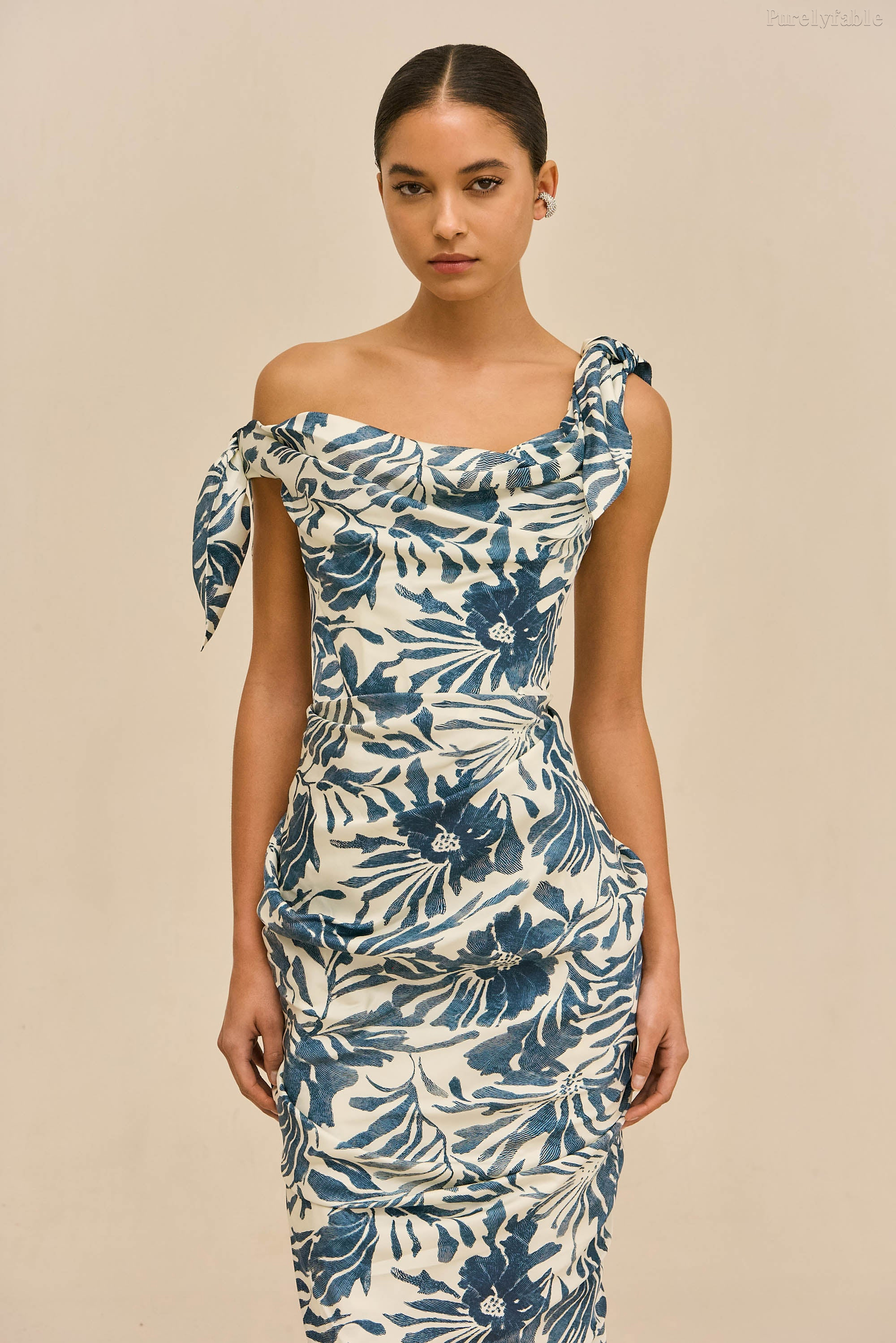 Elara Blue Sleeveless Floral Asymmetric Mid-Length Dress