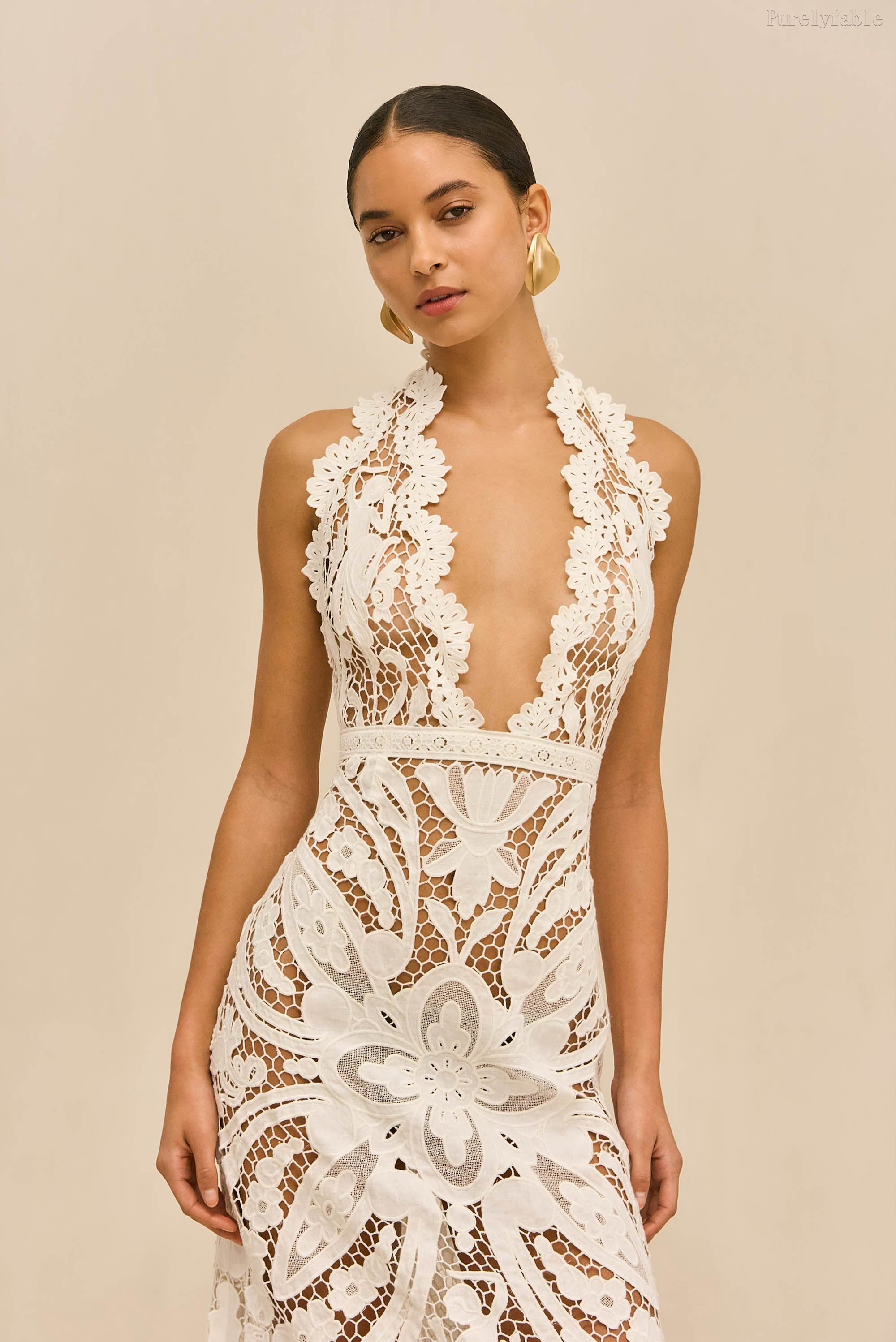Elara White V-neck Deep-V Sleeveless Long Dress