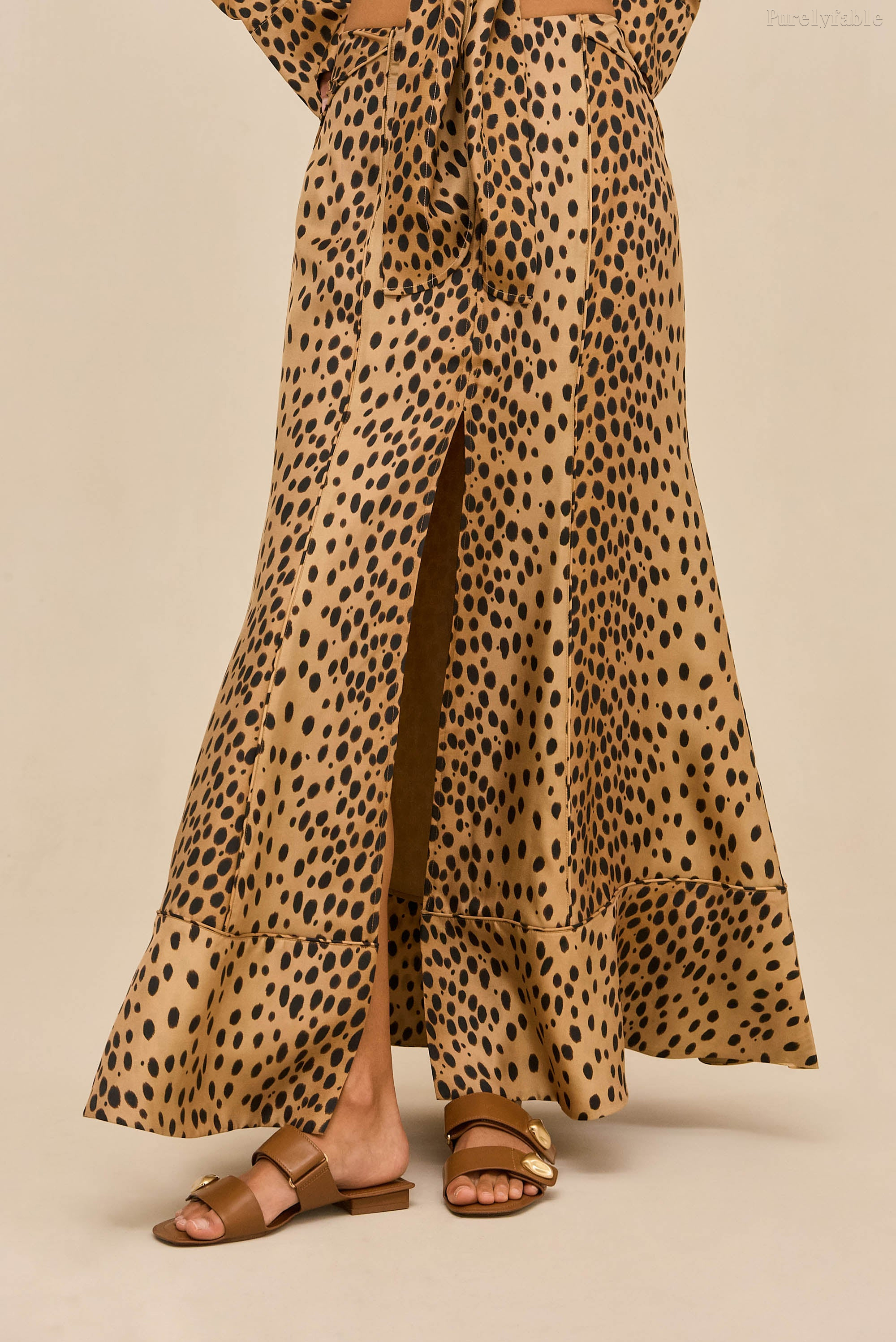 Elara Khaki-Colored Fine Shoulder-Belt High Slit Dress Set