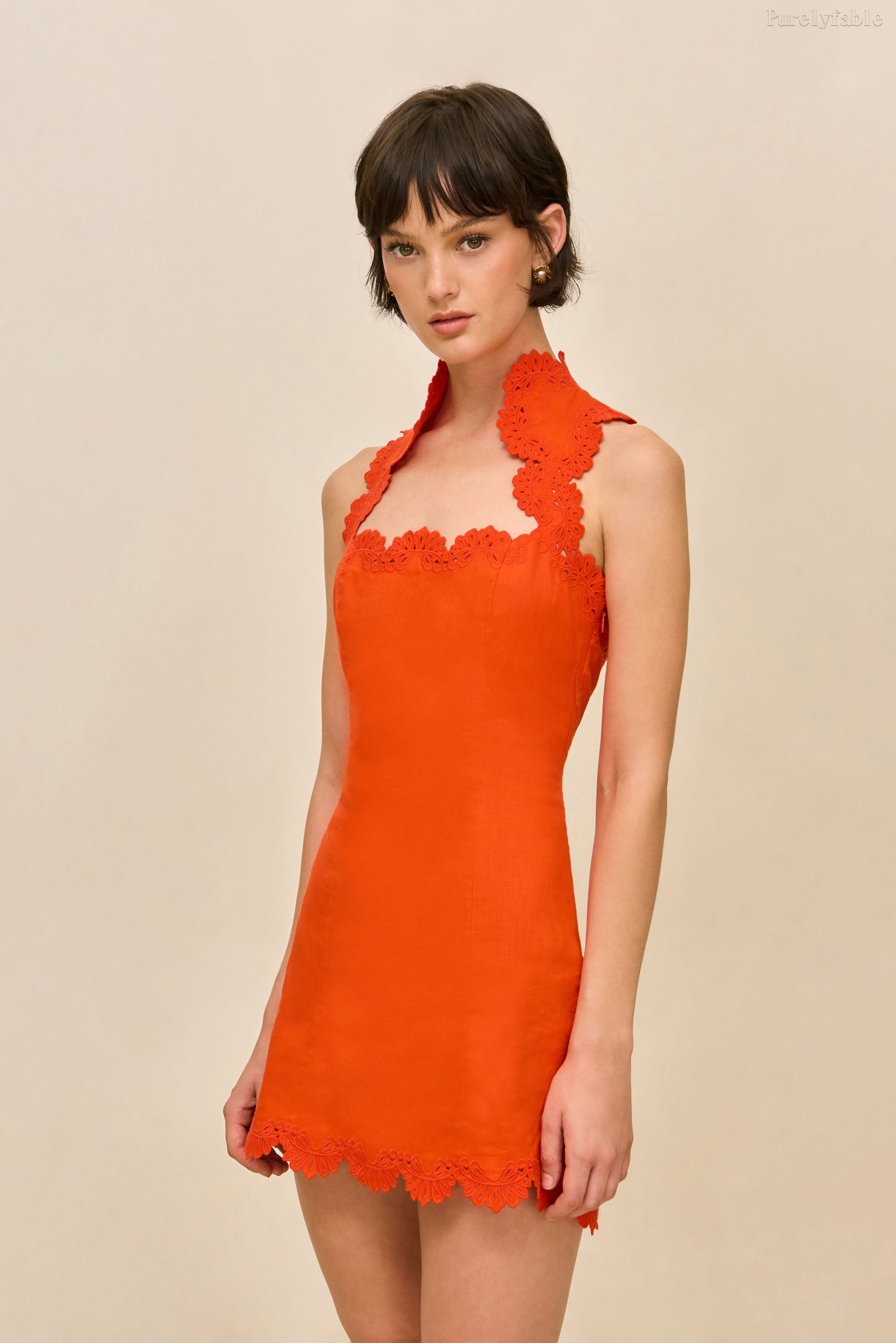 Elysse Orange Color Neckline Lace Tight-Fitting Short Dress