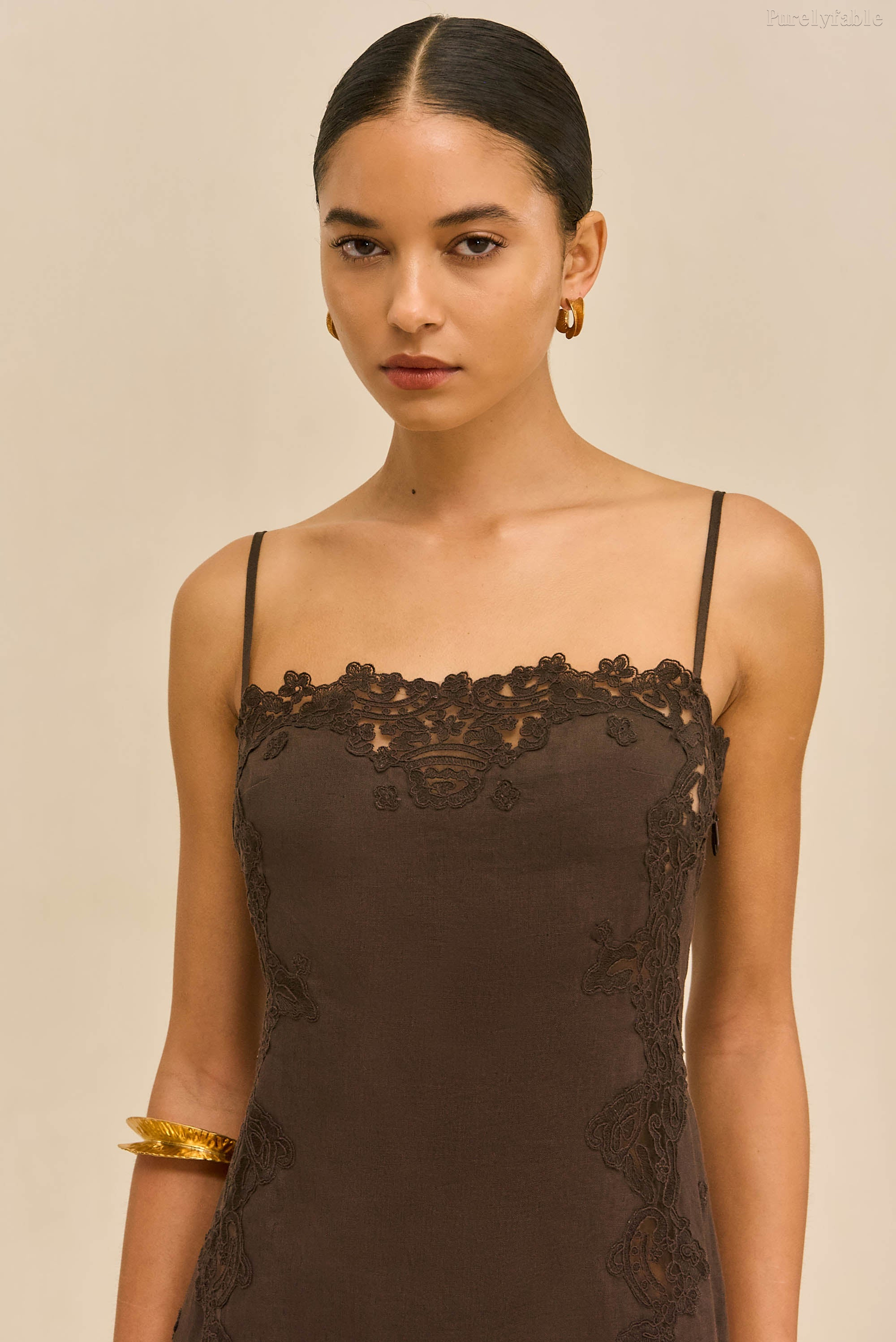 Elara Brown Color Round-Neck Strapless Long Dress