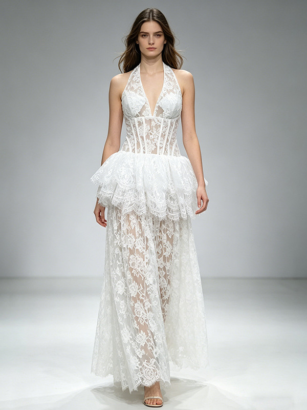 Melinda White V-Neck Lace-Paneled Dress