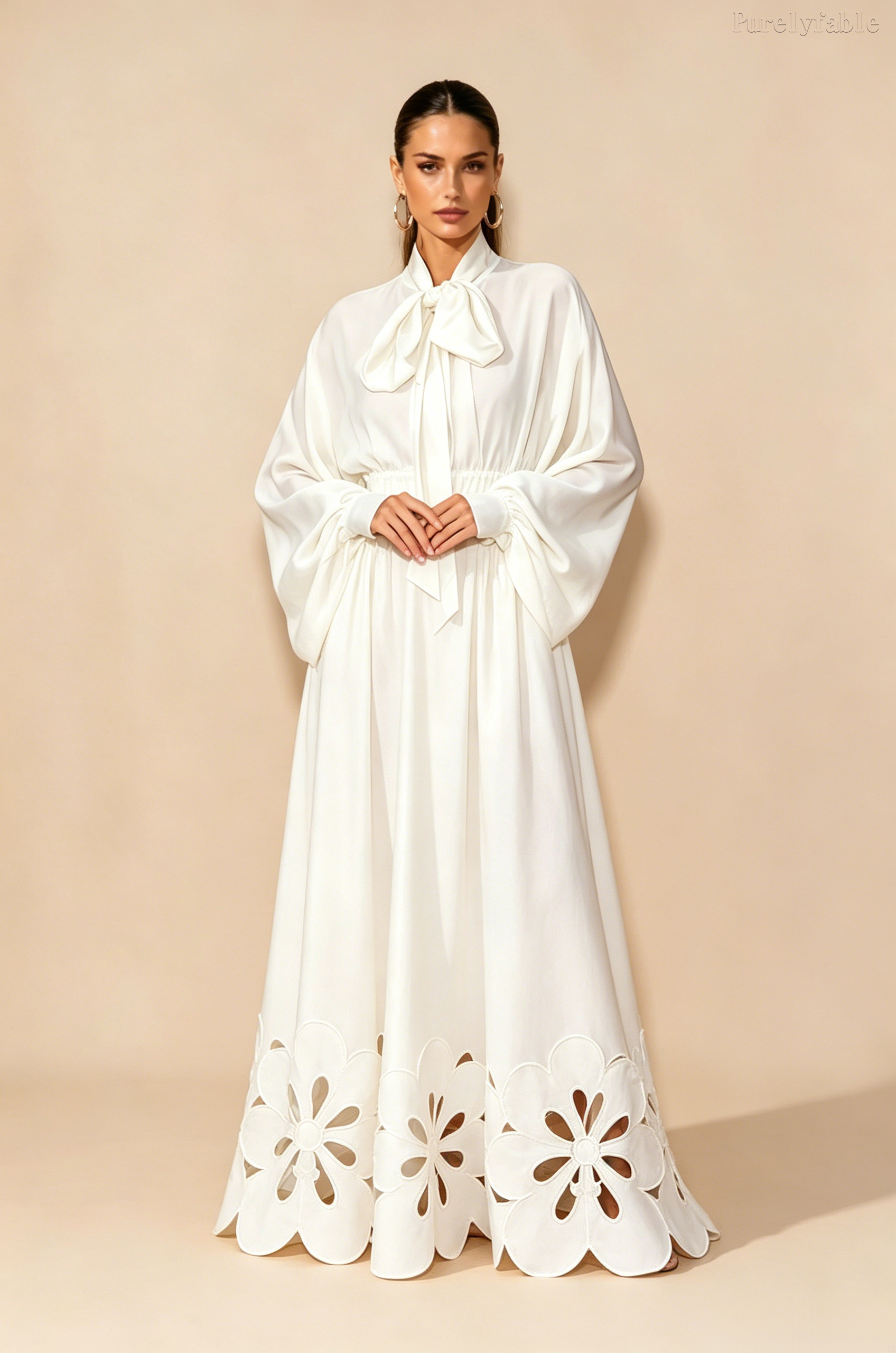Daphne White Bow Collar Lantern Sleeve Hollow Dress