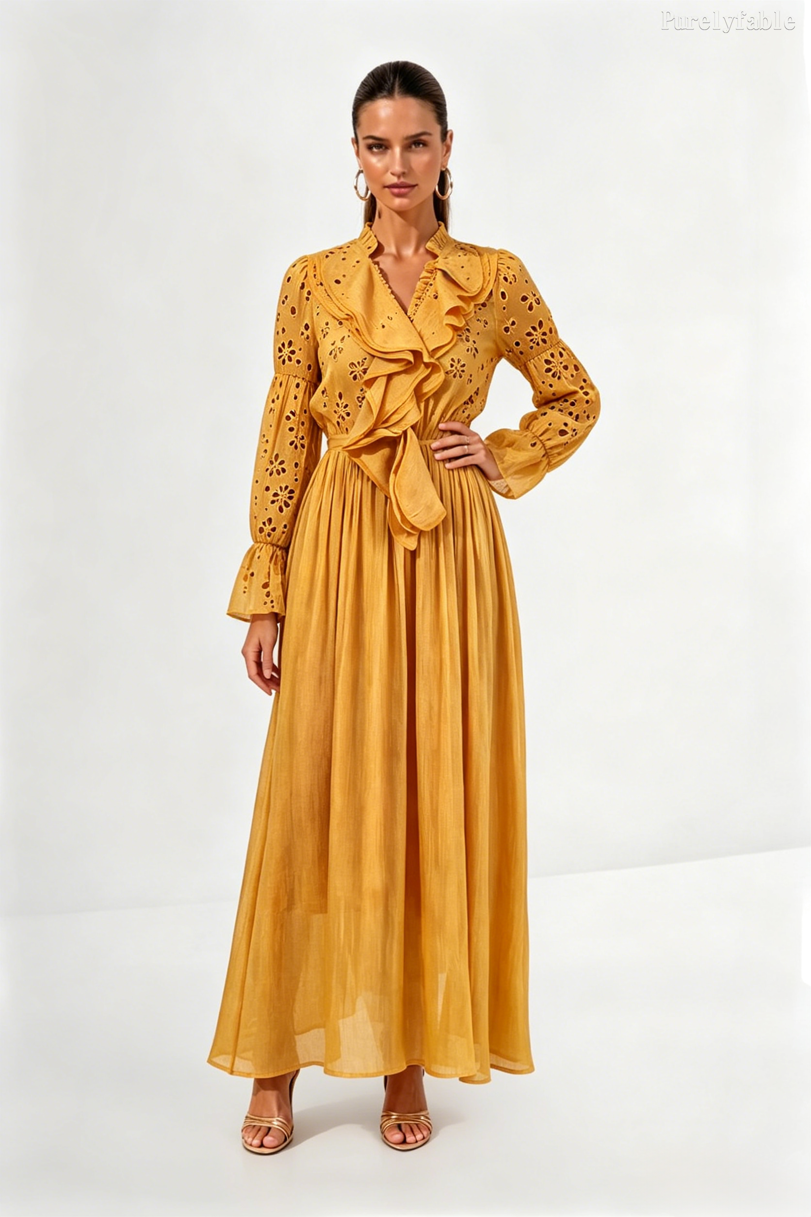Giselle Yellow Ruffled V-neck Hollow Out Dress
