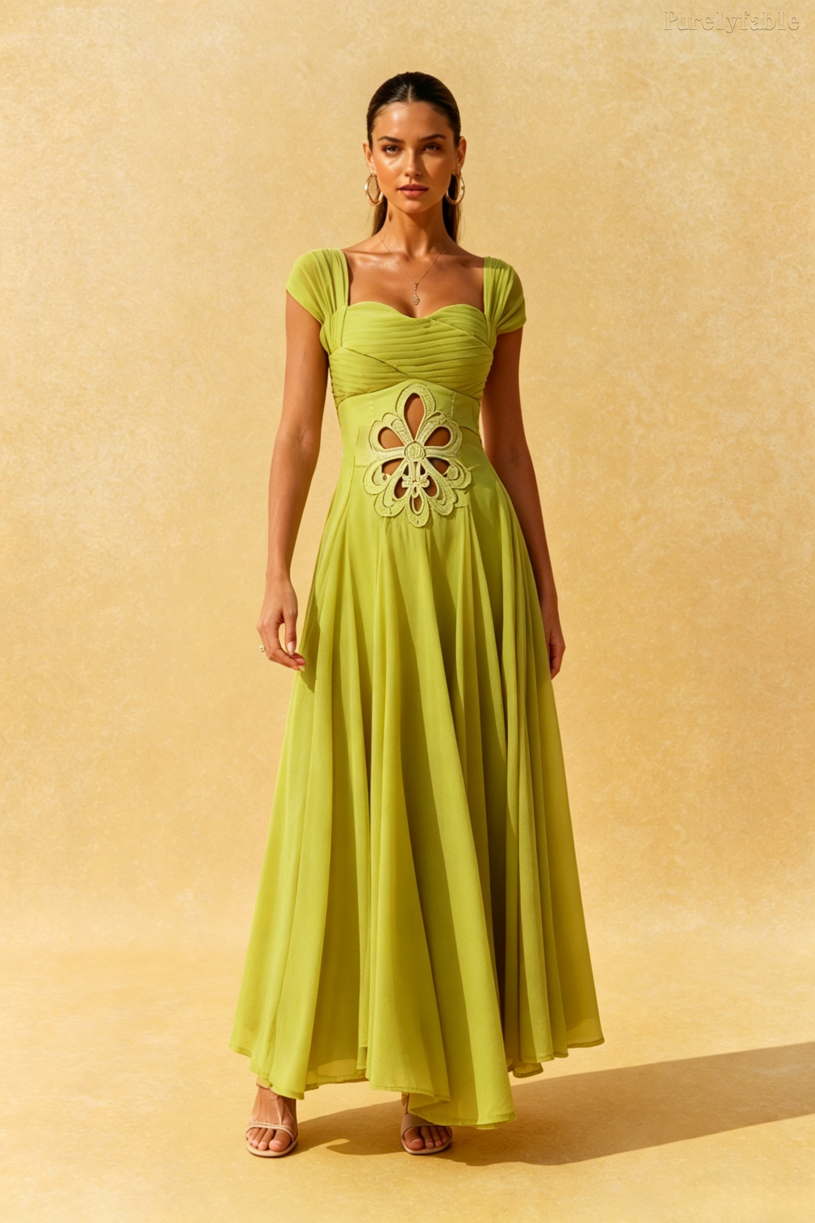 Daphne Green Square Neck Hollow Flower Dress