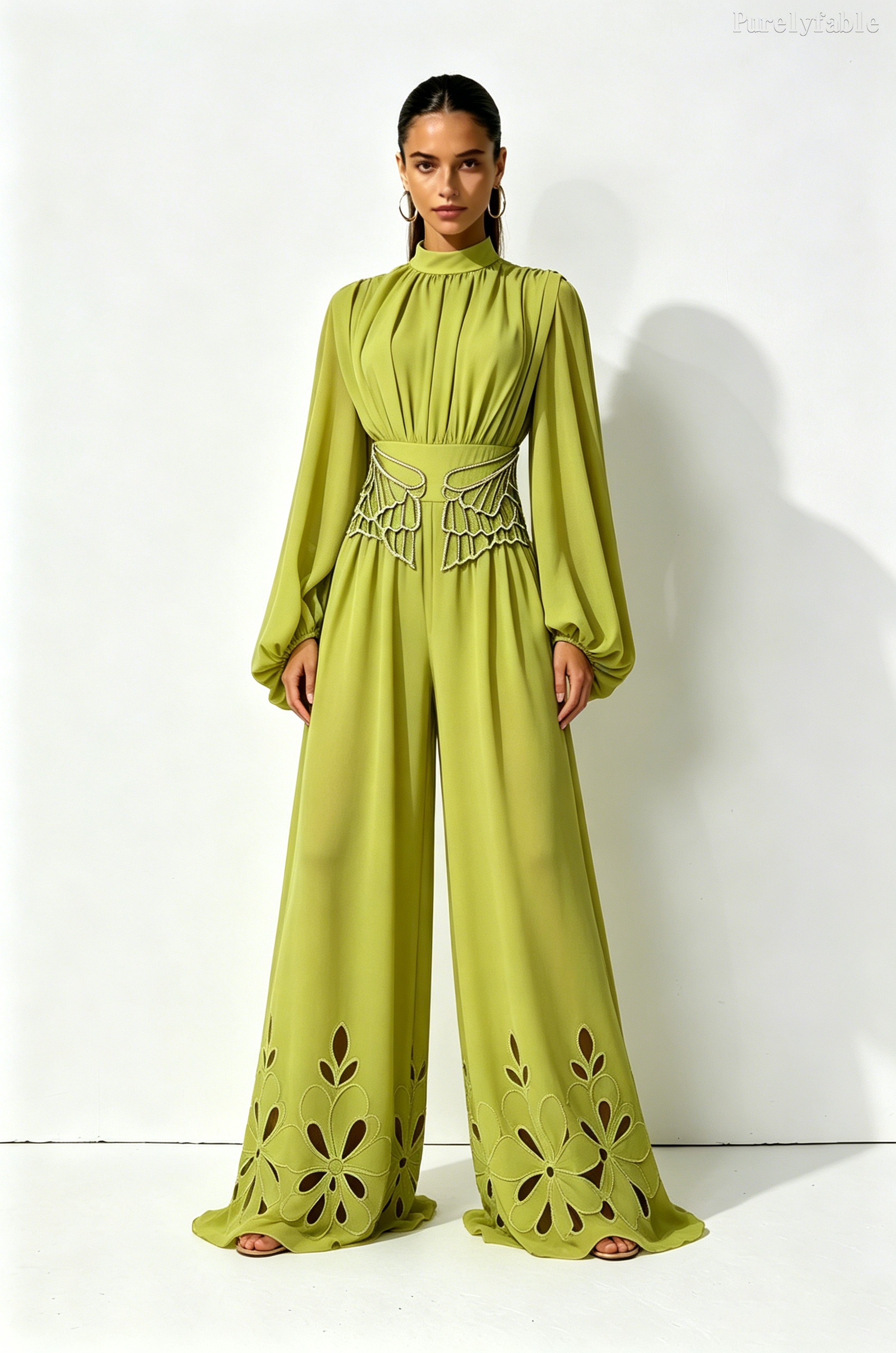 Cosima Green Iantern Sleeve Hollowed Out Floral Jumpsuit