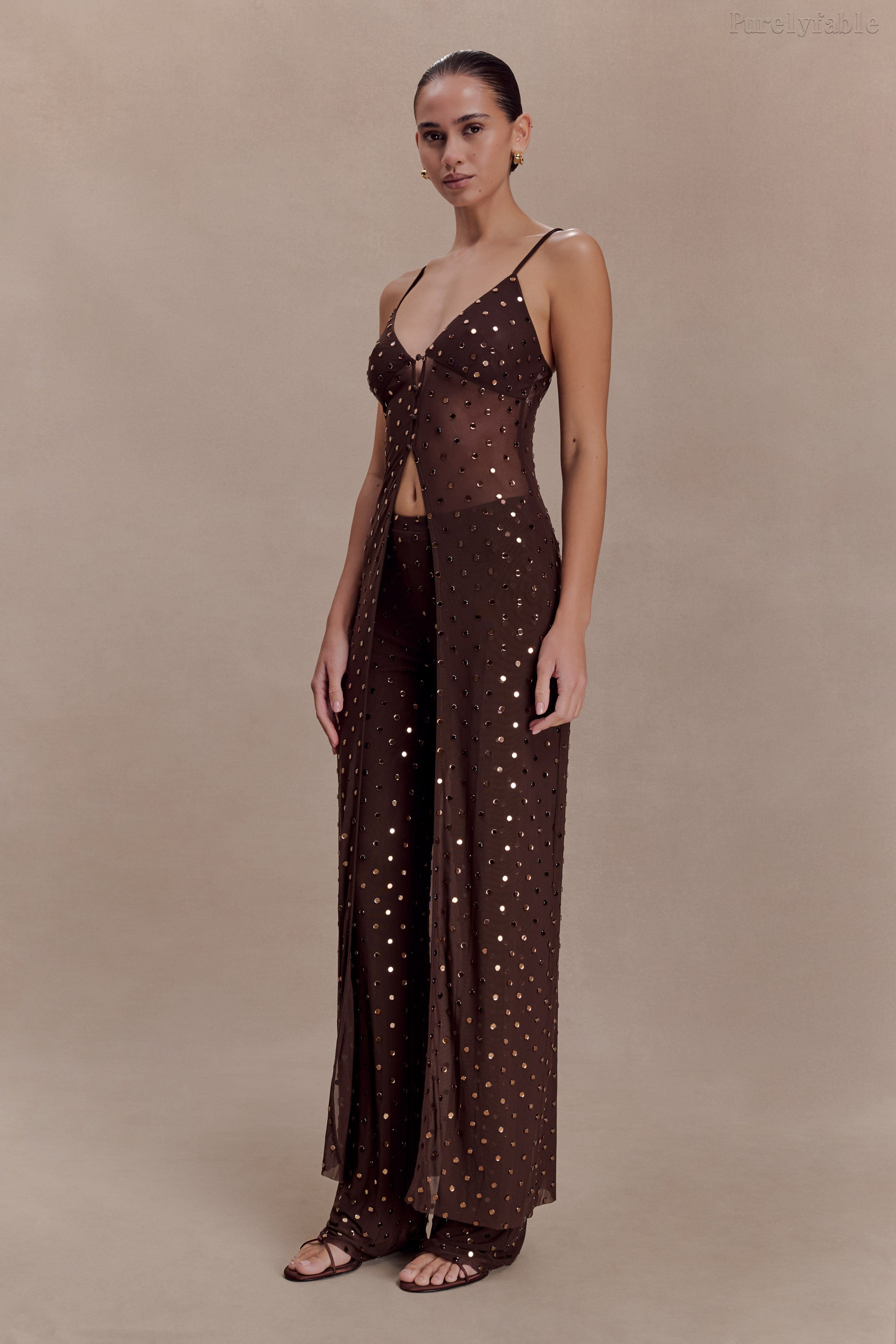 Saskia Brown Mesh Perspective Split Top Pants Set