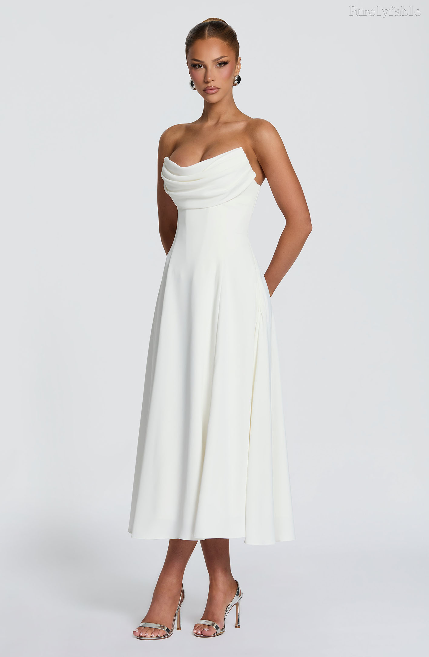 Rebecca White Strapless Swing Collar Midi Dress