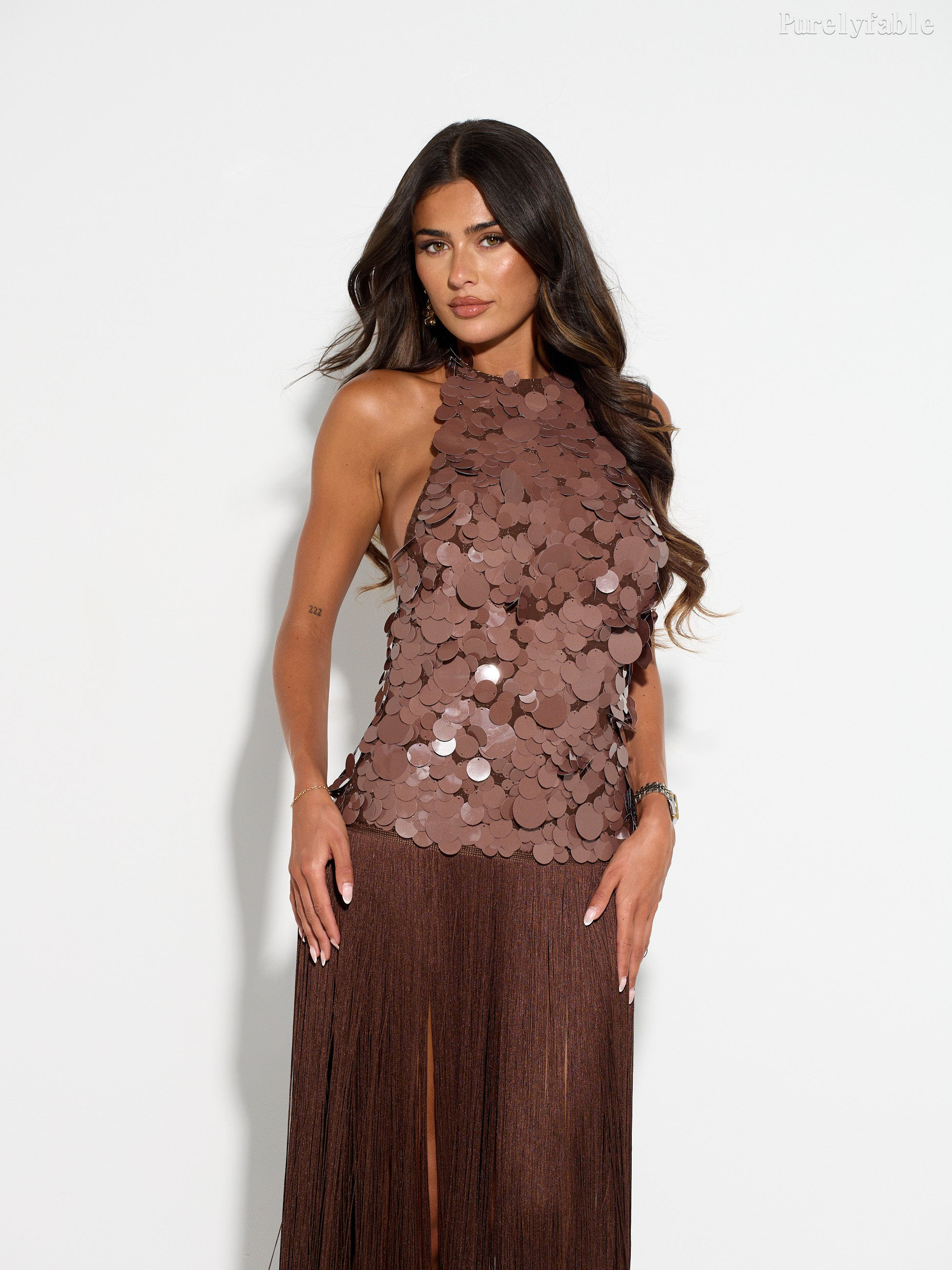 Angelina Deep Coffee Sleeveless Sequined Fringe Long Dress