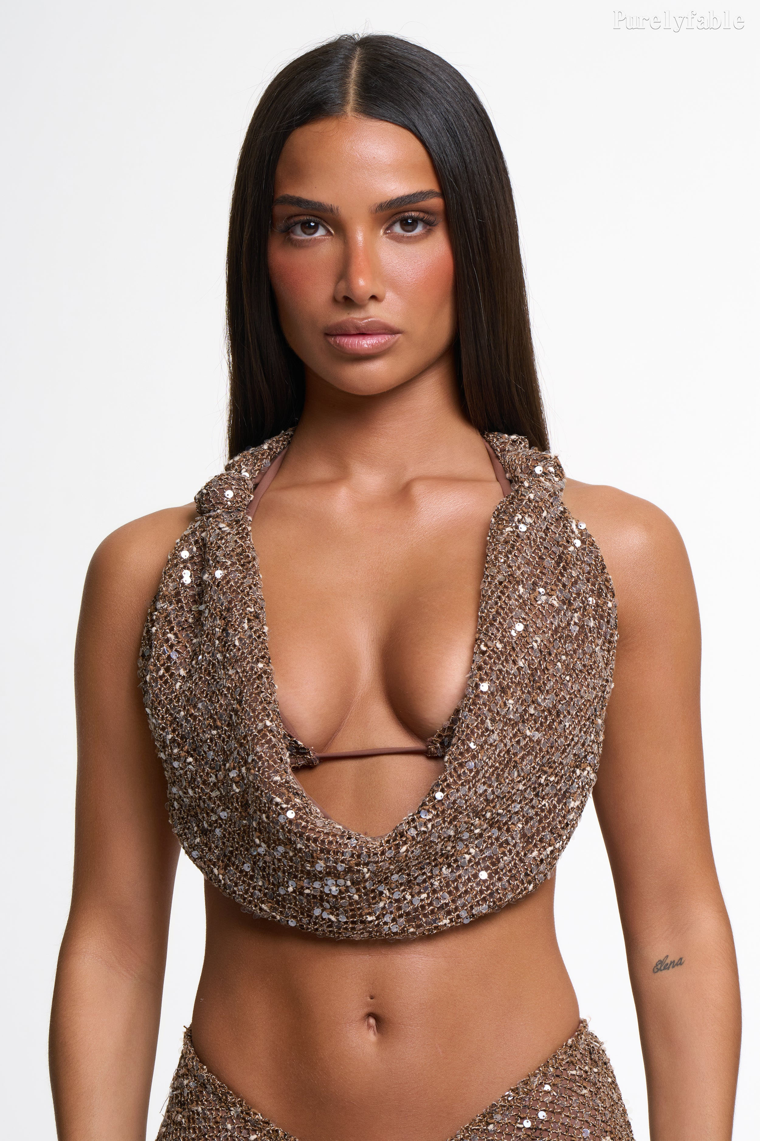 Sabina Brown Swinging Collar Sparkling Half Skirt Two Piece Set