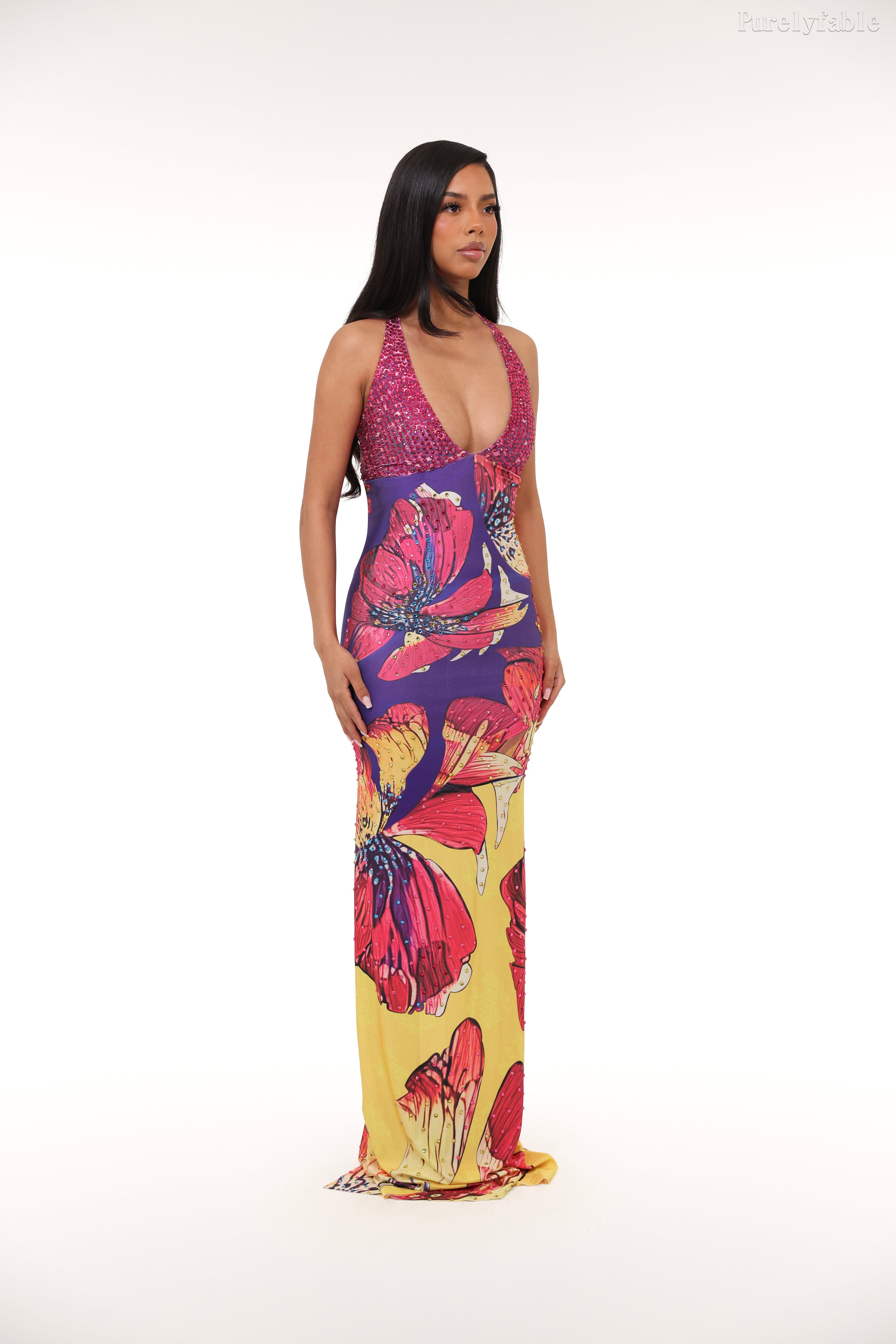 Leilani Colorful Hanging Neck Deep V Fishtail Dress