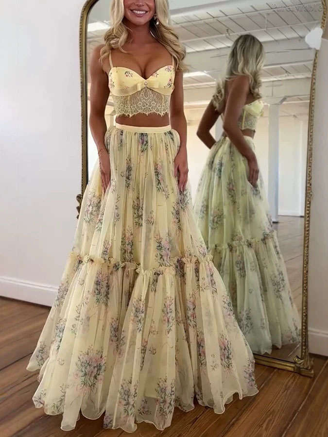 Aurora Apricot Chiffon Printed Half Skirt Two Piece Set
