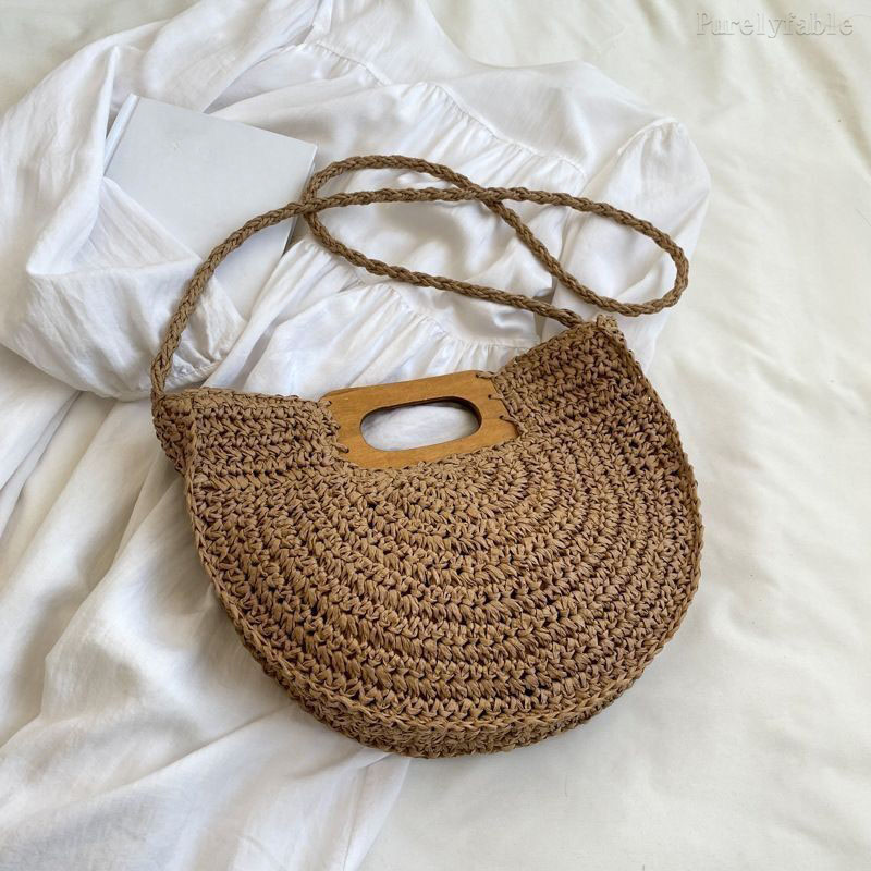 Beige Semi-Circular Straw Woven Bag