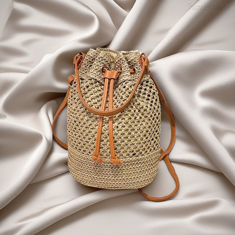 Brown Grass Woven Bucket Bag